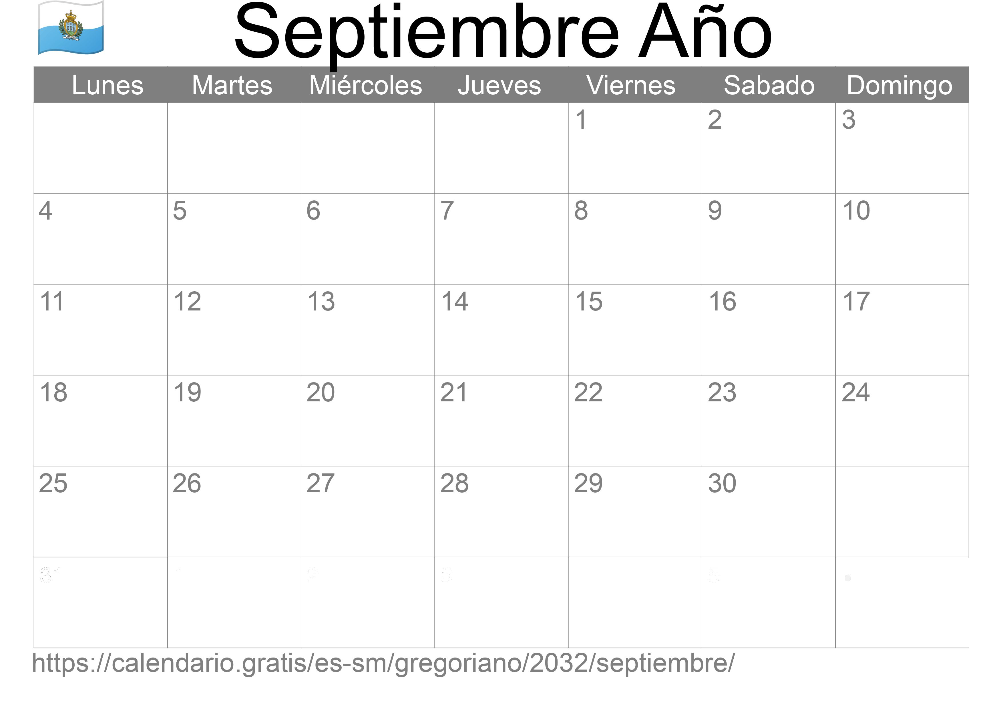 Calendario Septiembre 2032 para imprimir