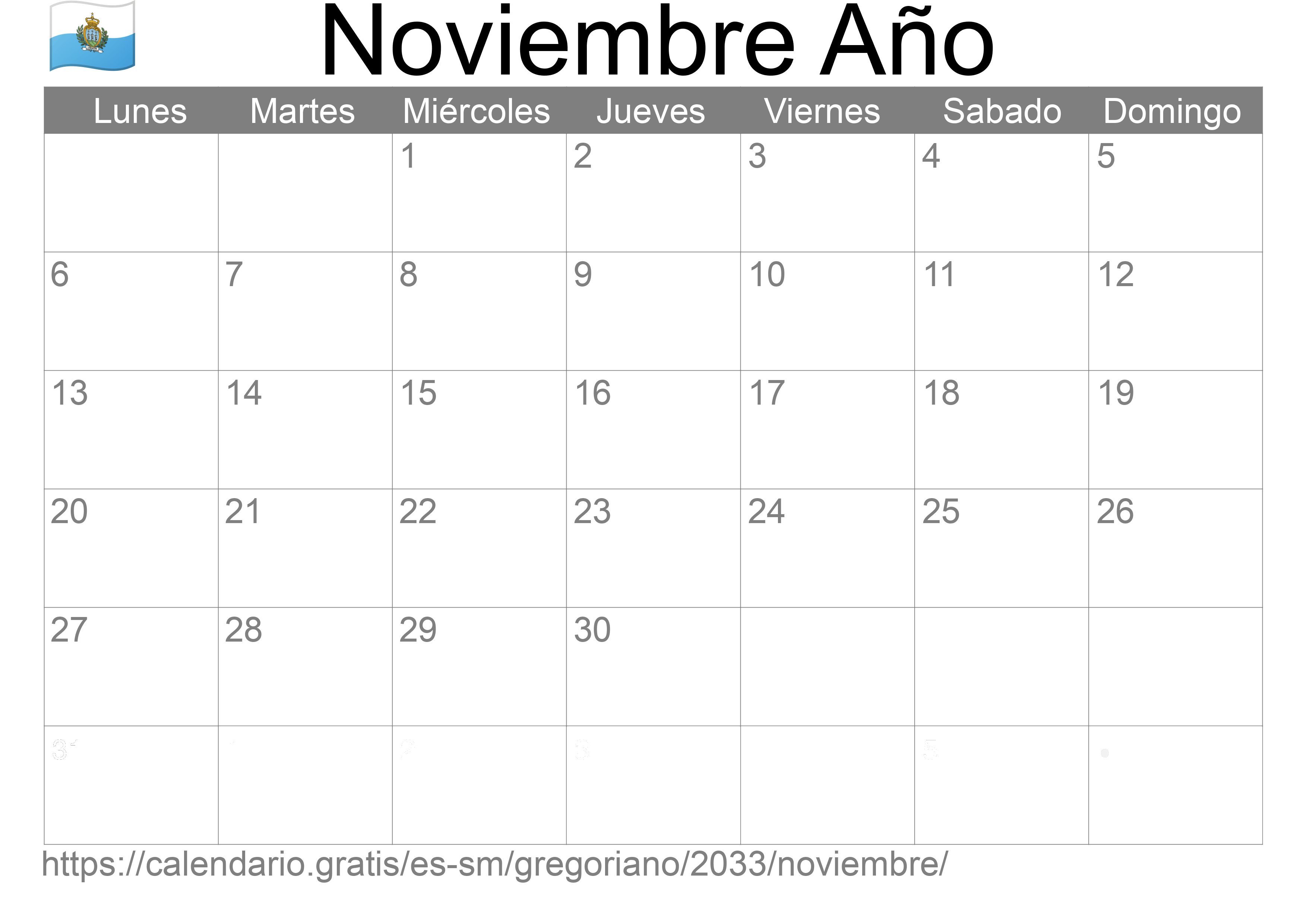 Calendario Noviembre 2033 para imprimir