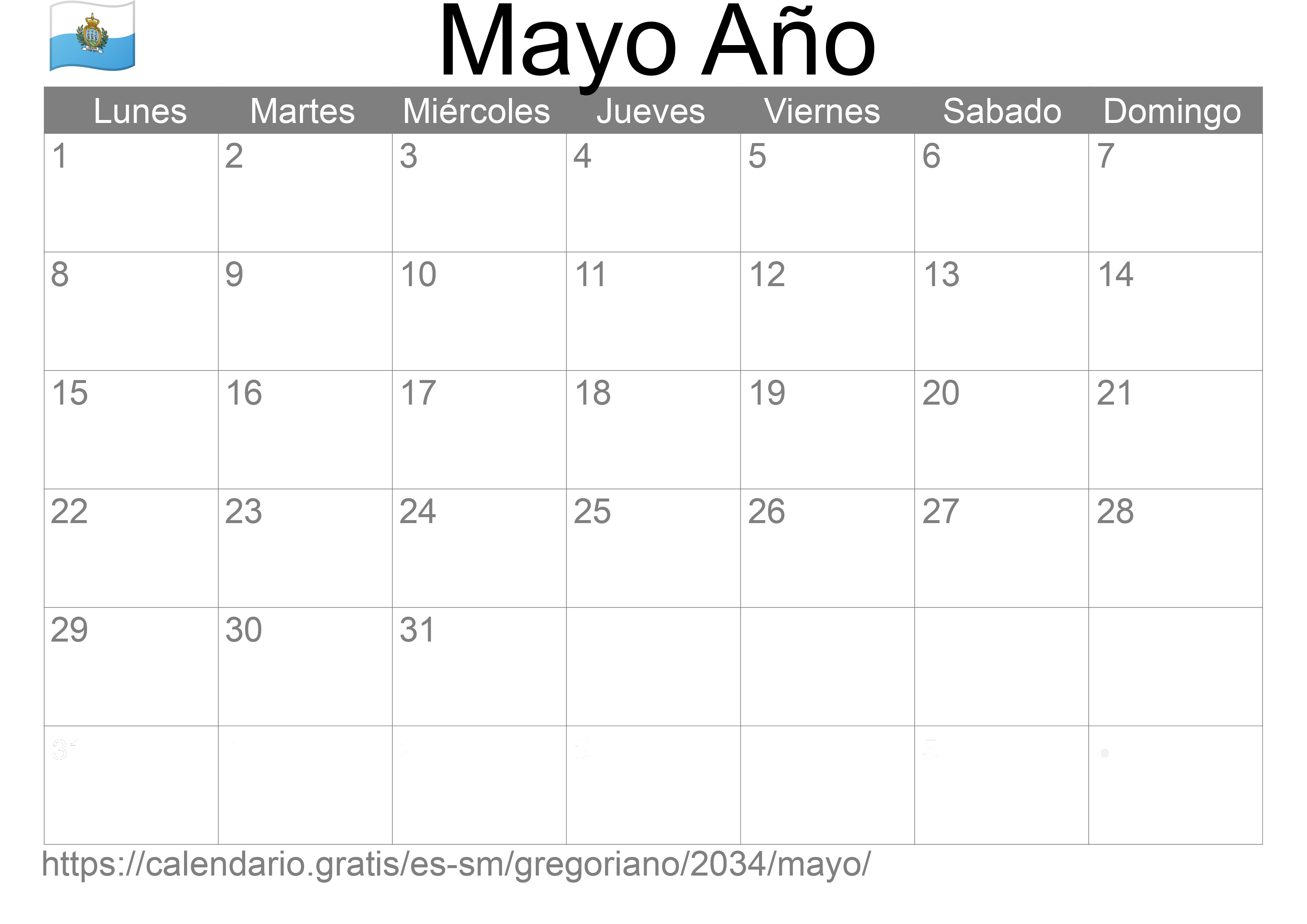 Calendario Mayo 2034 para imprimir