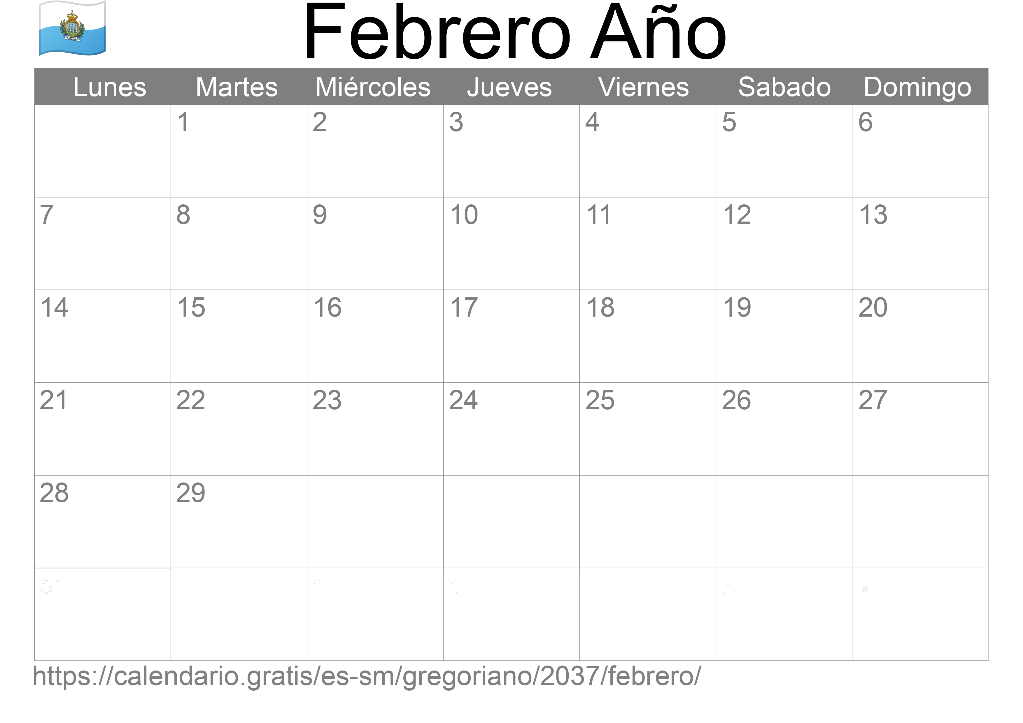 Calendario Febrero 2037 para imprimir