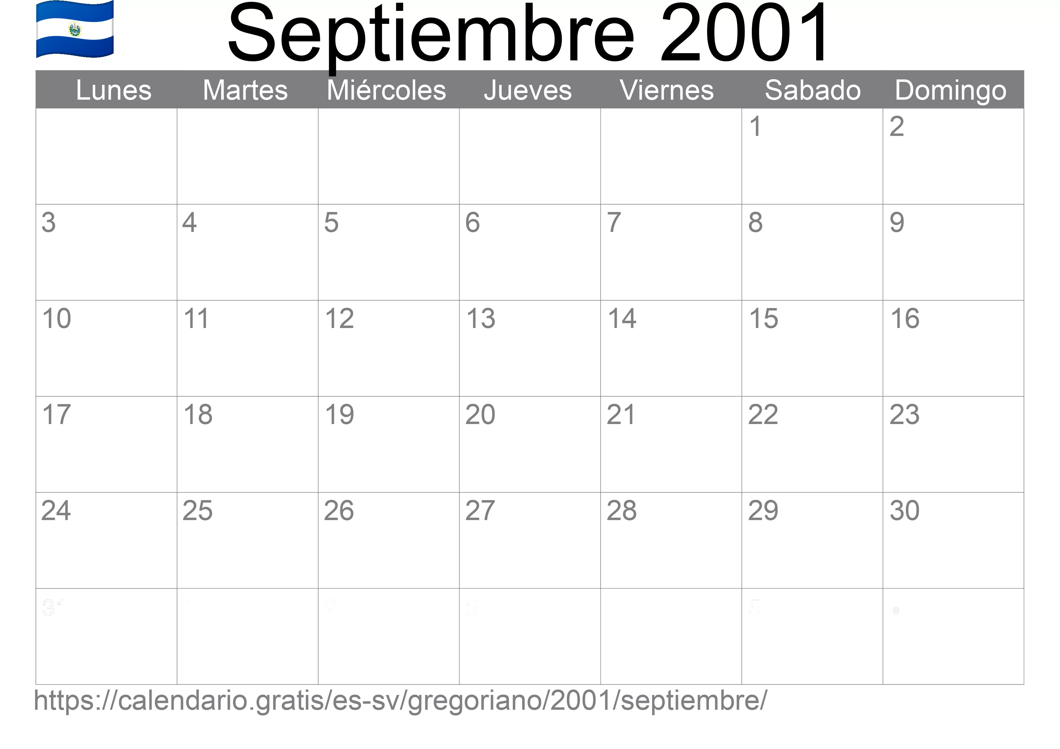 Calendario Septiembre 2001 para imprimir (El Salvador)