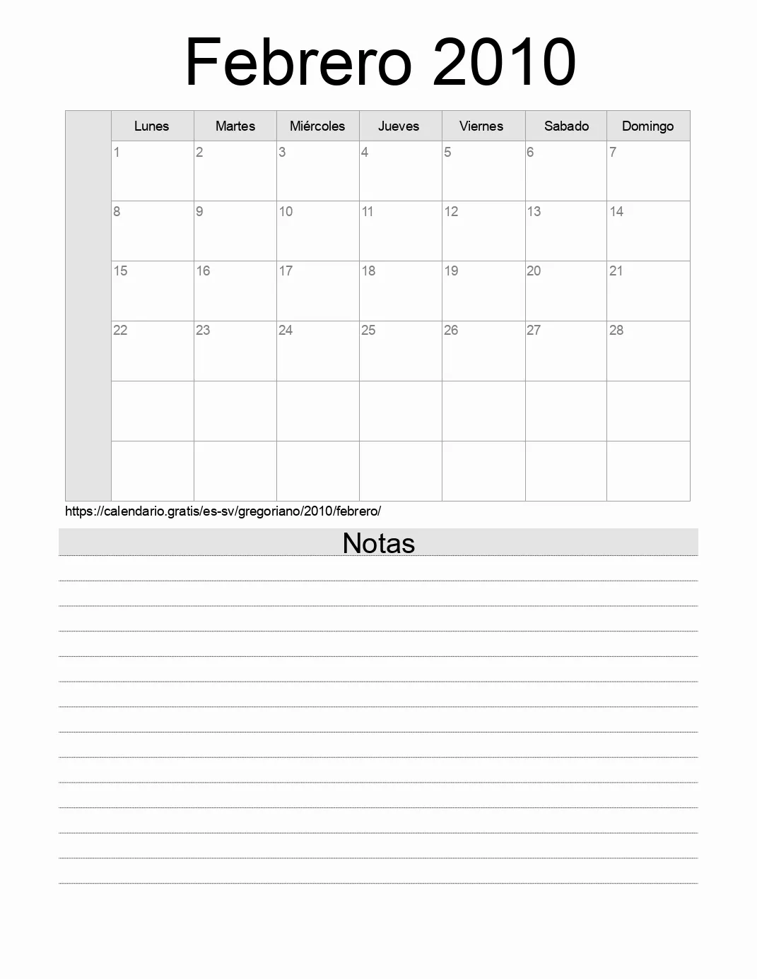 Calendario Febrero 2010 para imprimir con notas. (El Salvador)