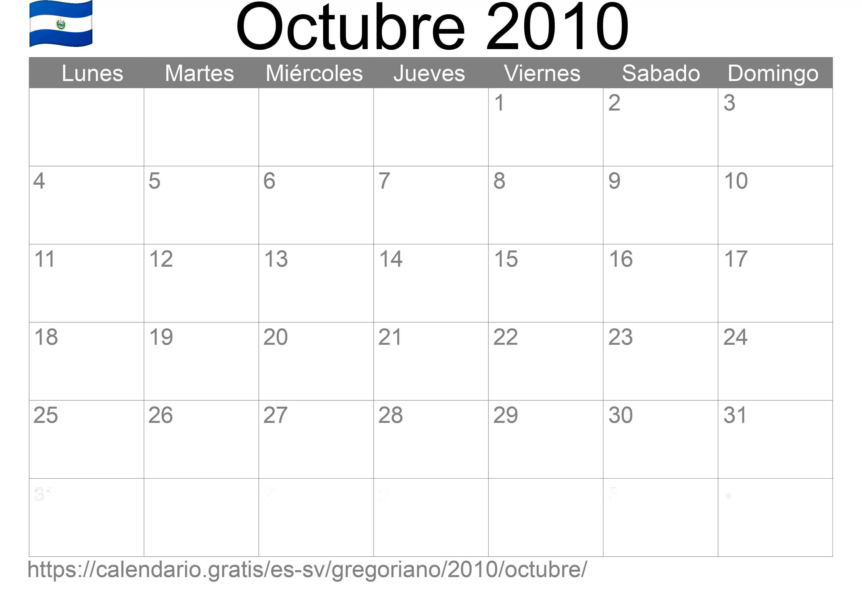 Calendario Octubre 2010 para imprimir (El Salvador)