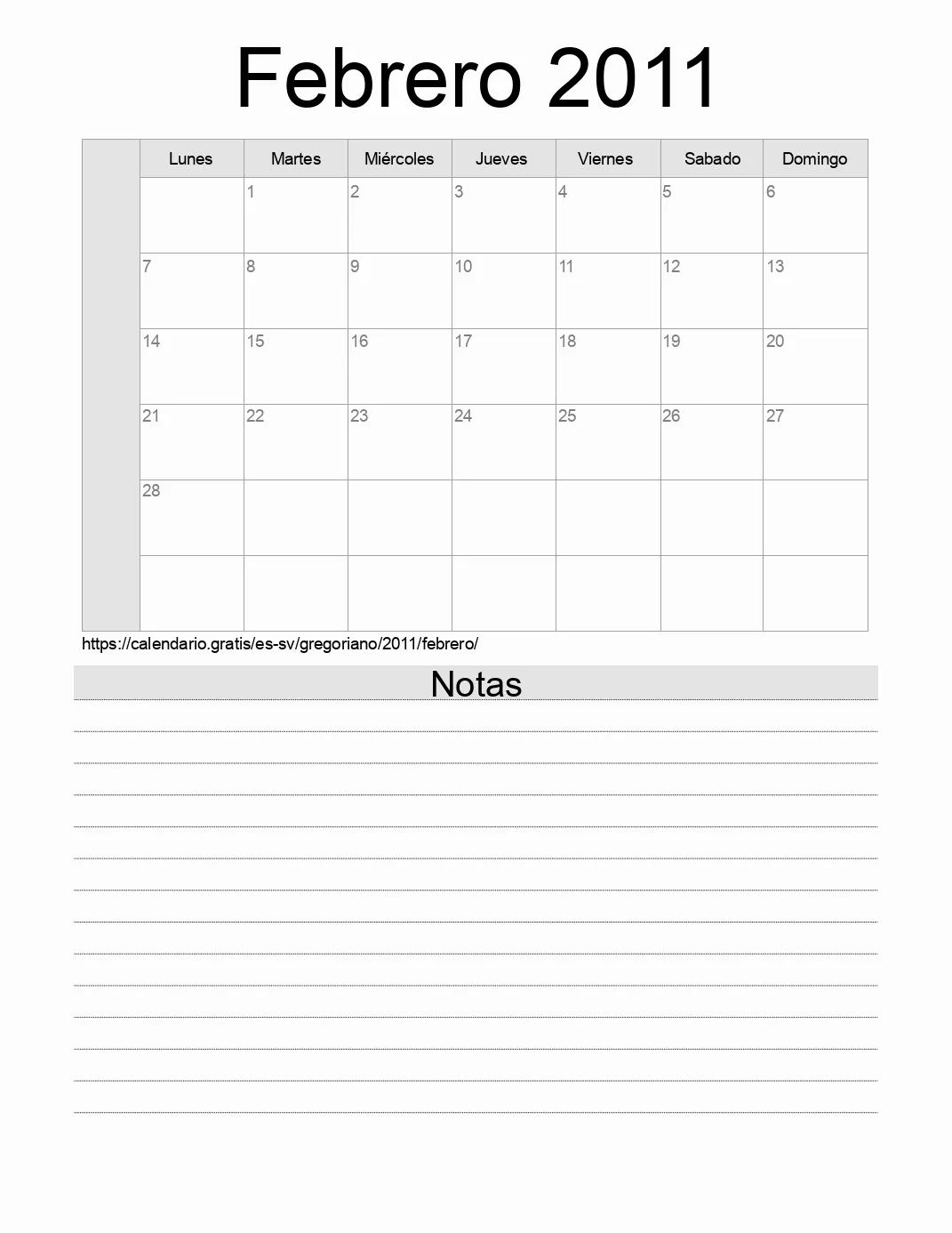 Calendario Febrero 2011 para imprimir con notas. (El Salvador)