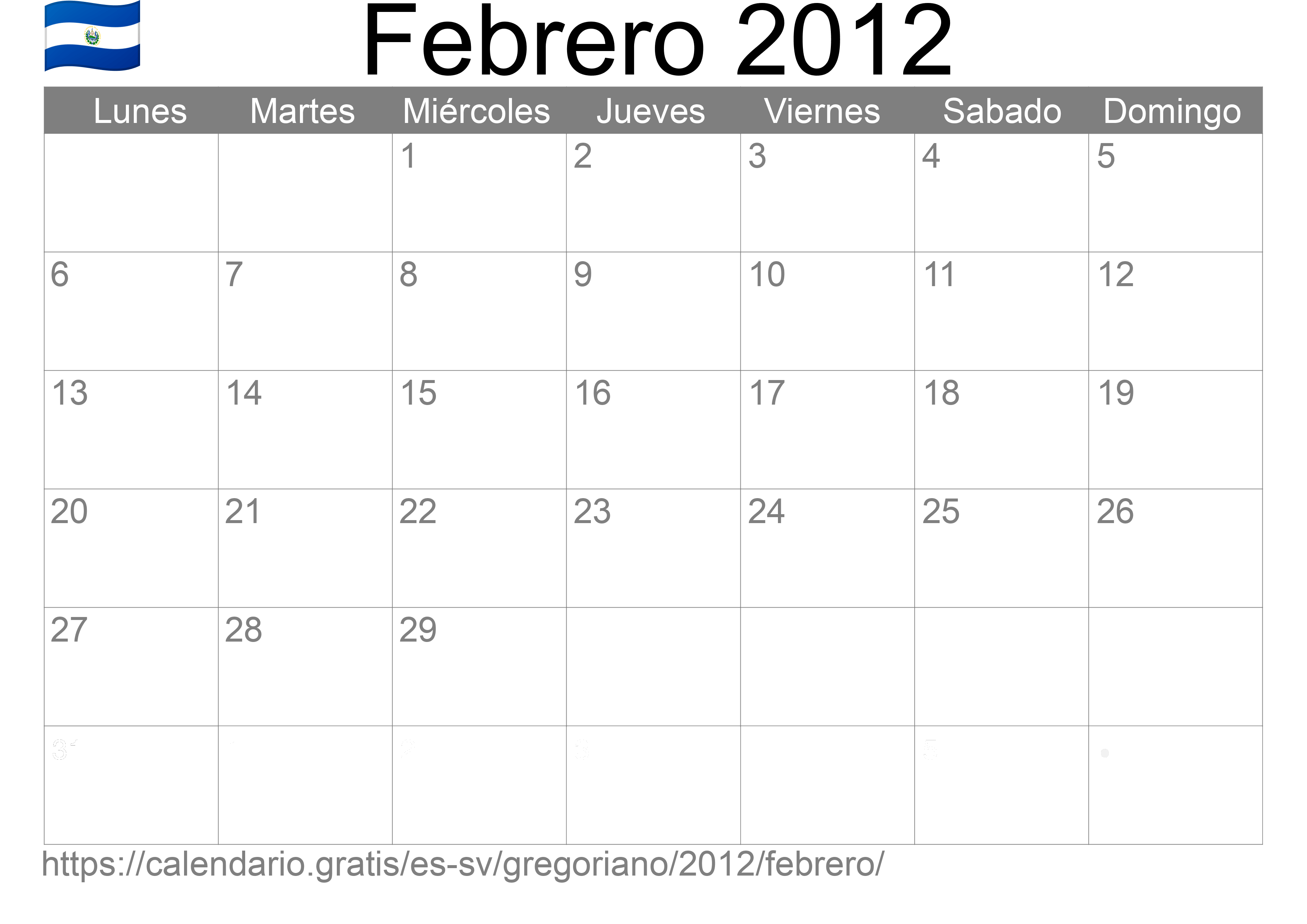 Calendario Febrero 2012 para imprimir