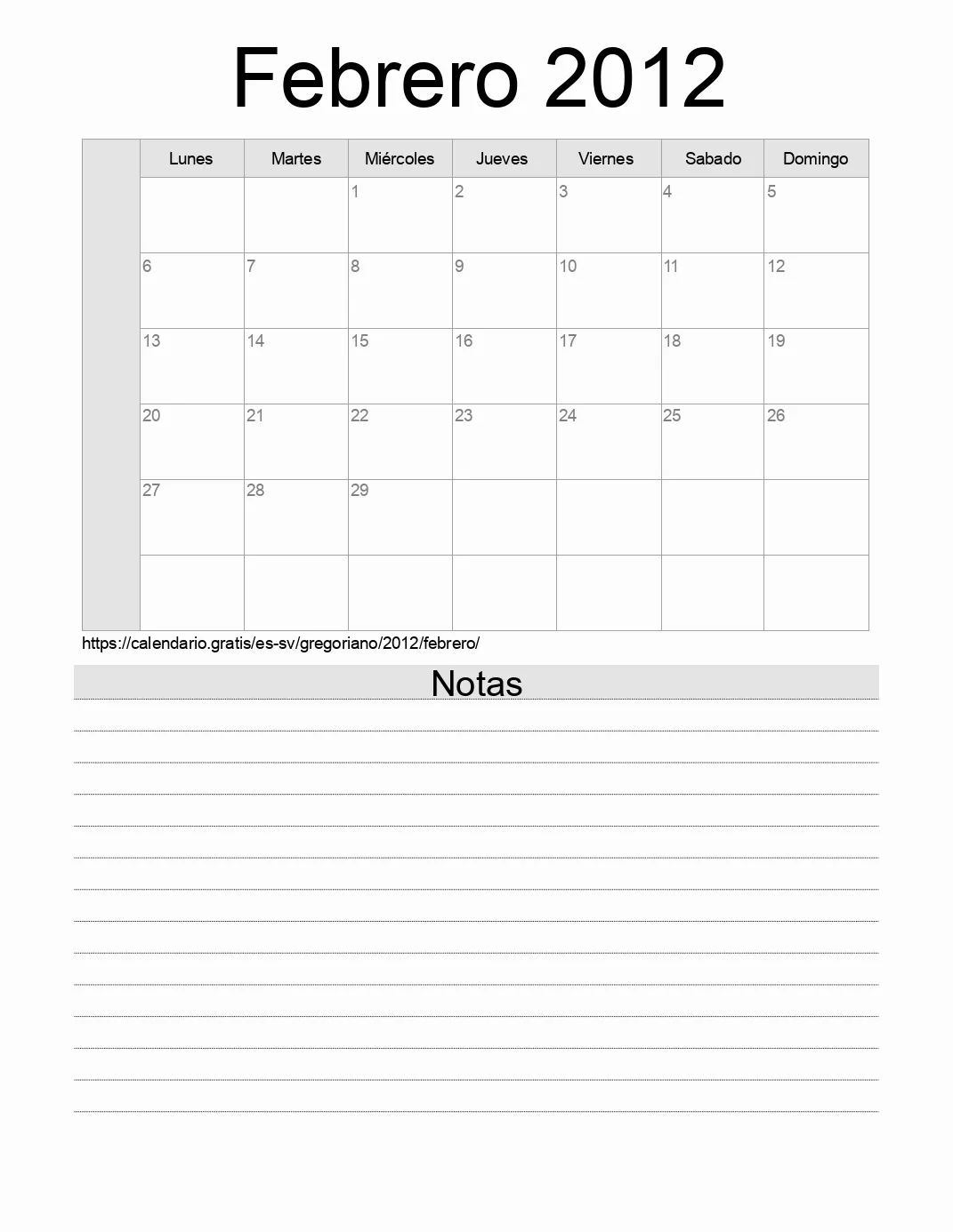 Calendario Febrero 2012 para imprimir con notas. (El Salvador)