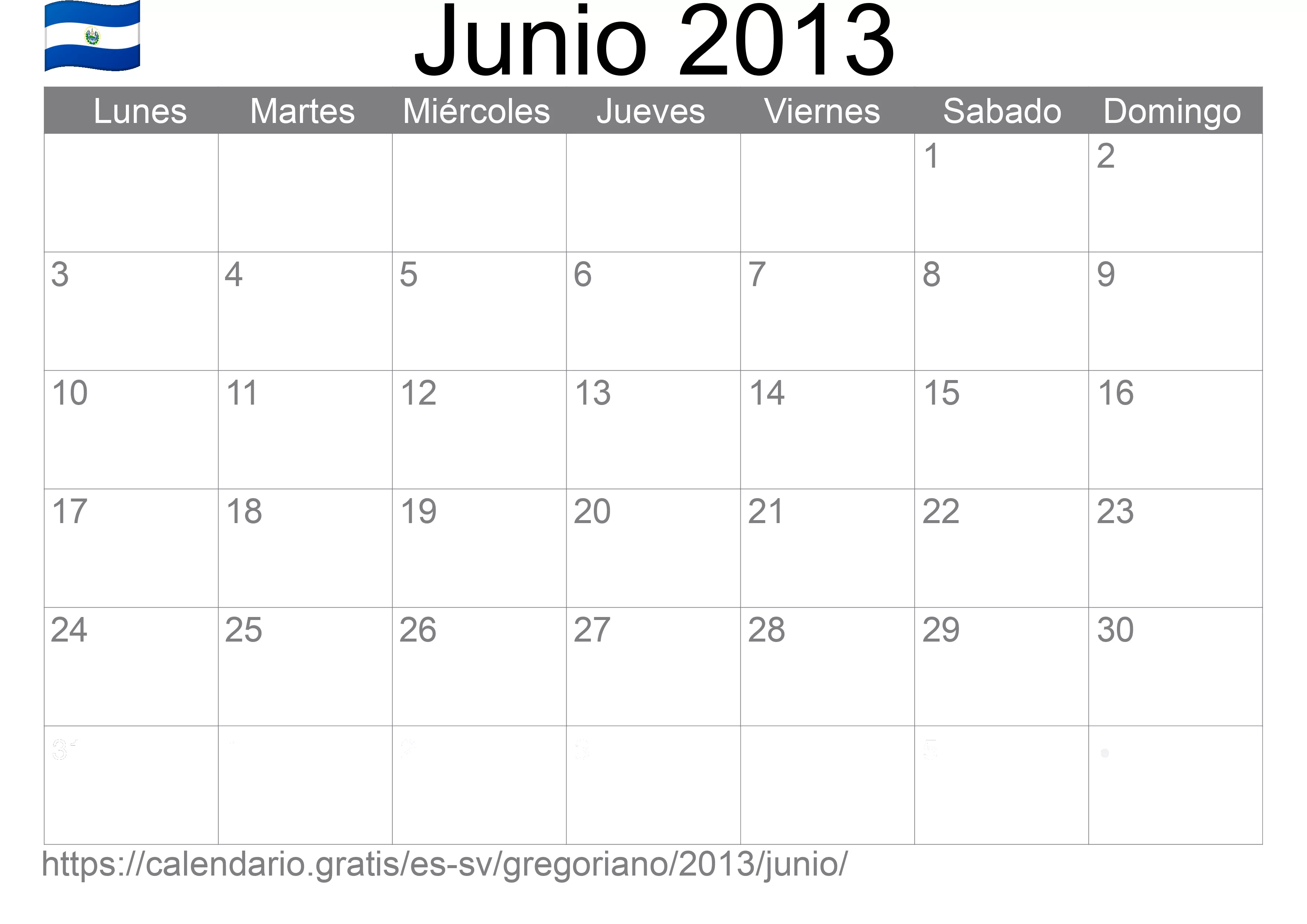 Calendario Junio 2013 para imprimir (El Salvador)
