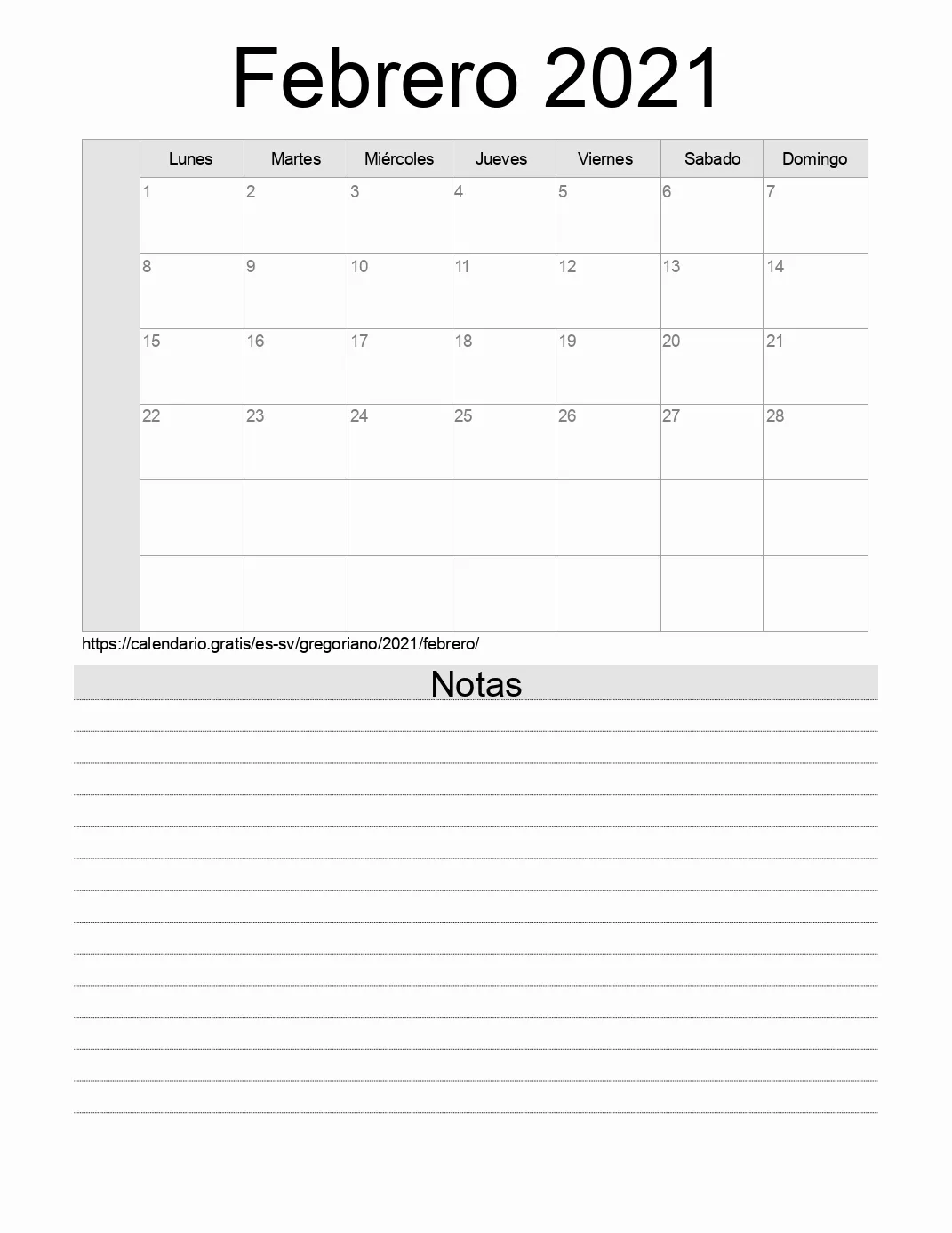 Calendario Febrero 2021 para imprimir con notas. (El Salvador)