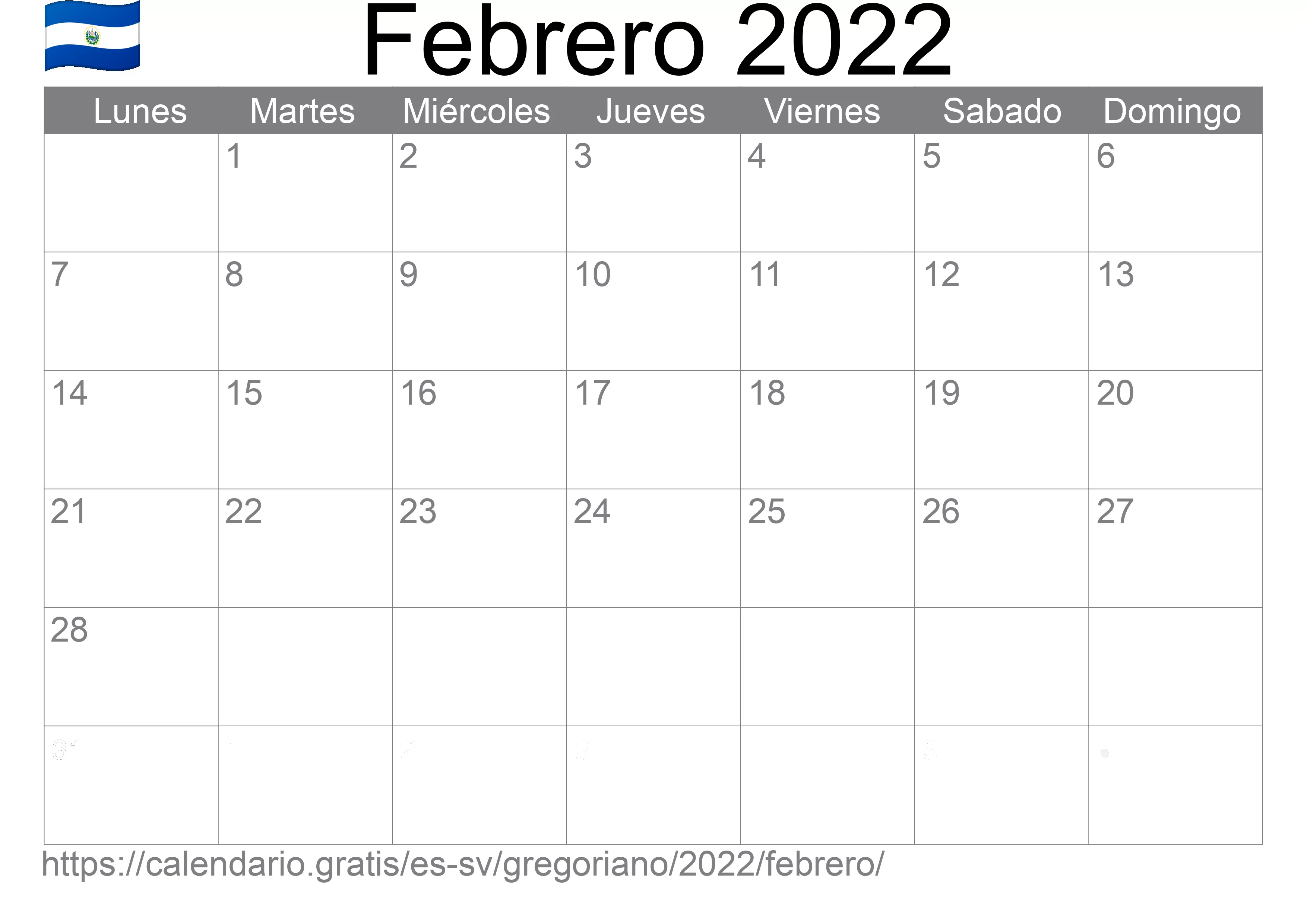 Calendario Febrero 2022 para imprimir (El Salvador)