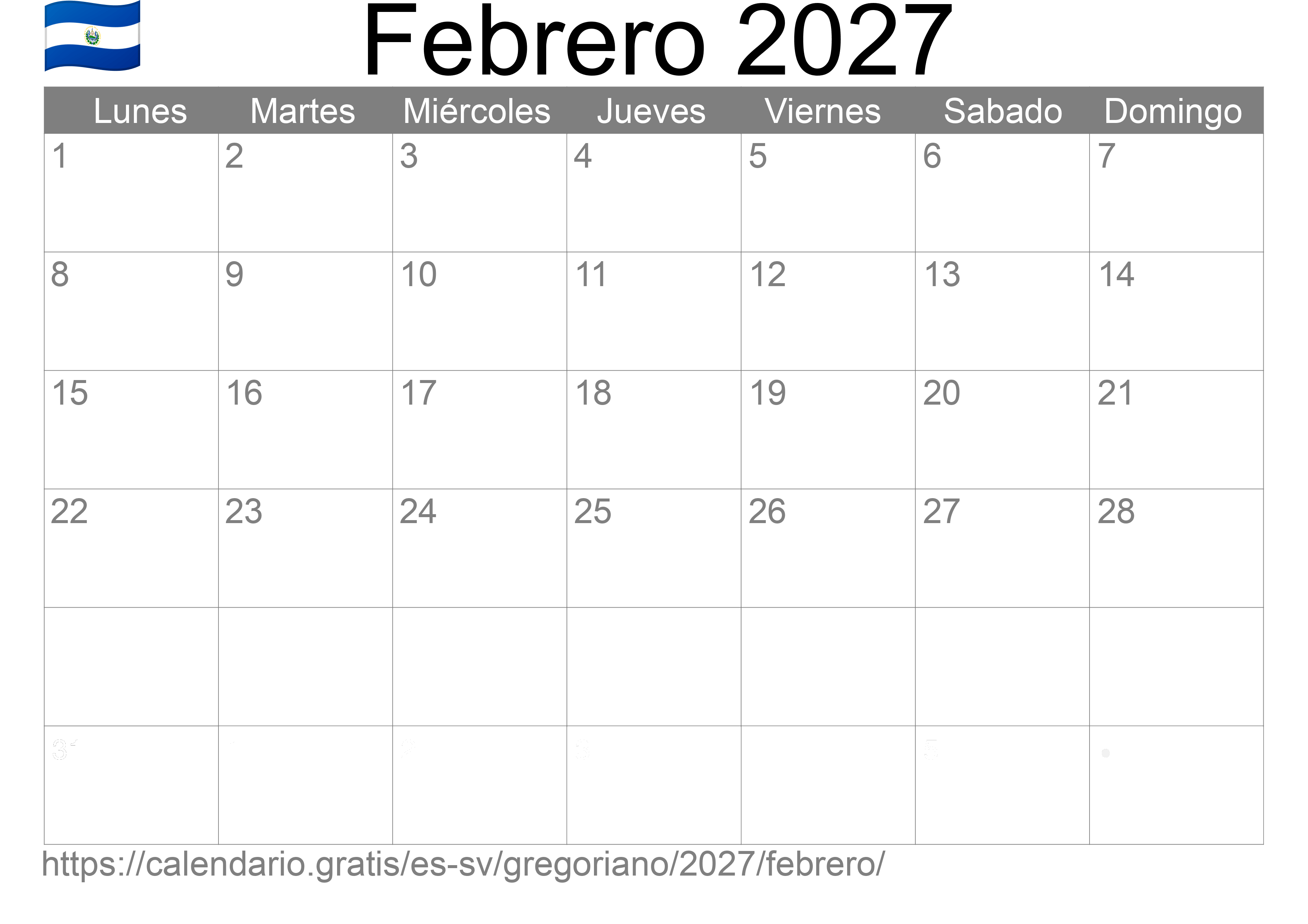 Calendario Febrero 2027 para imprimir