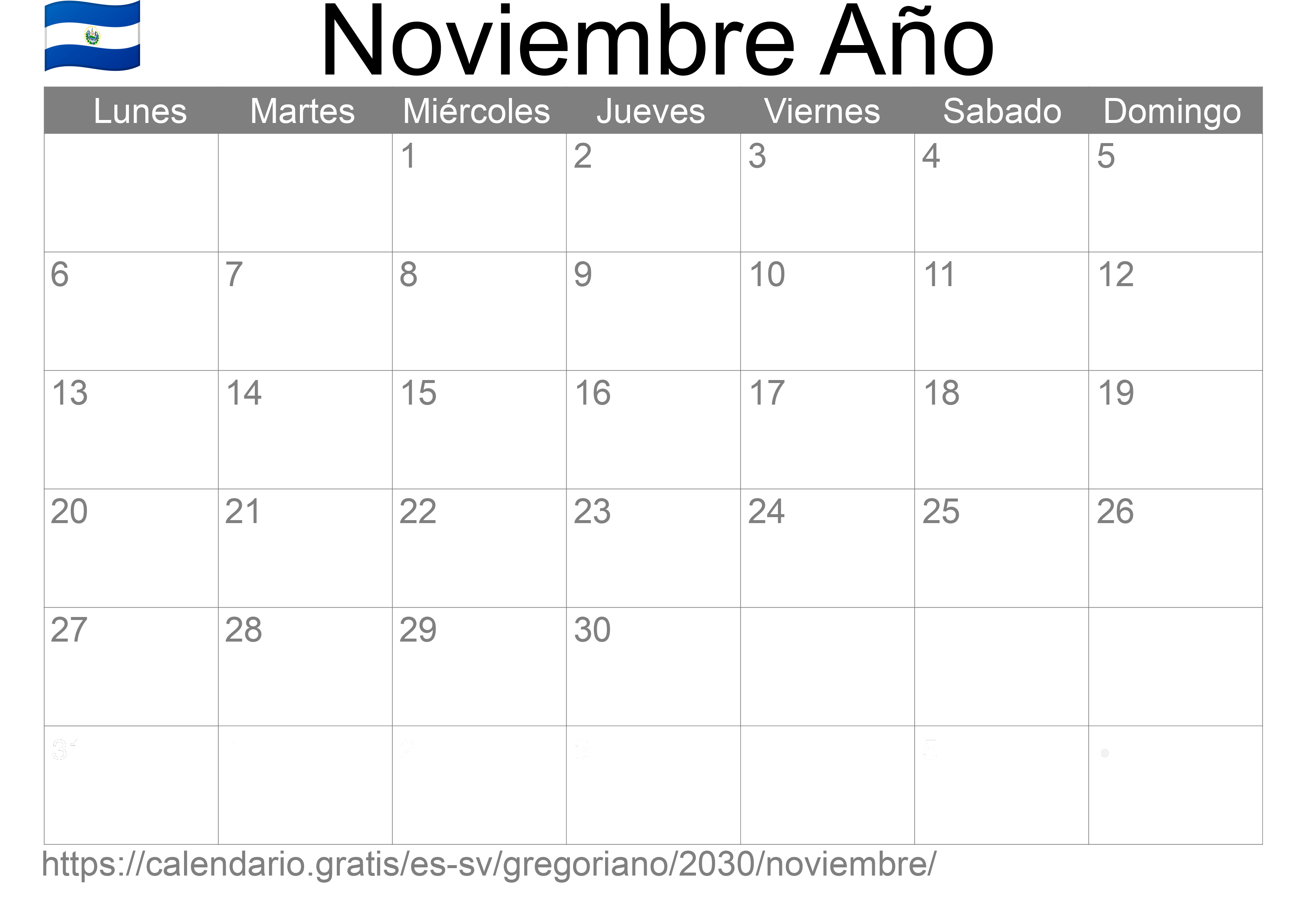 Calendario Noviembre 2030 para imprimir