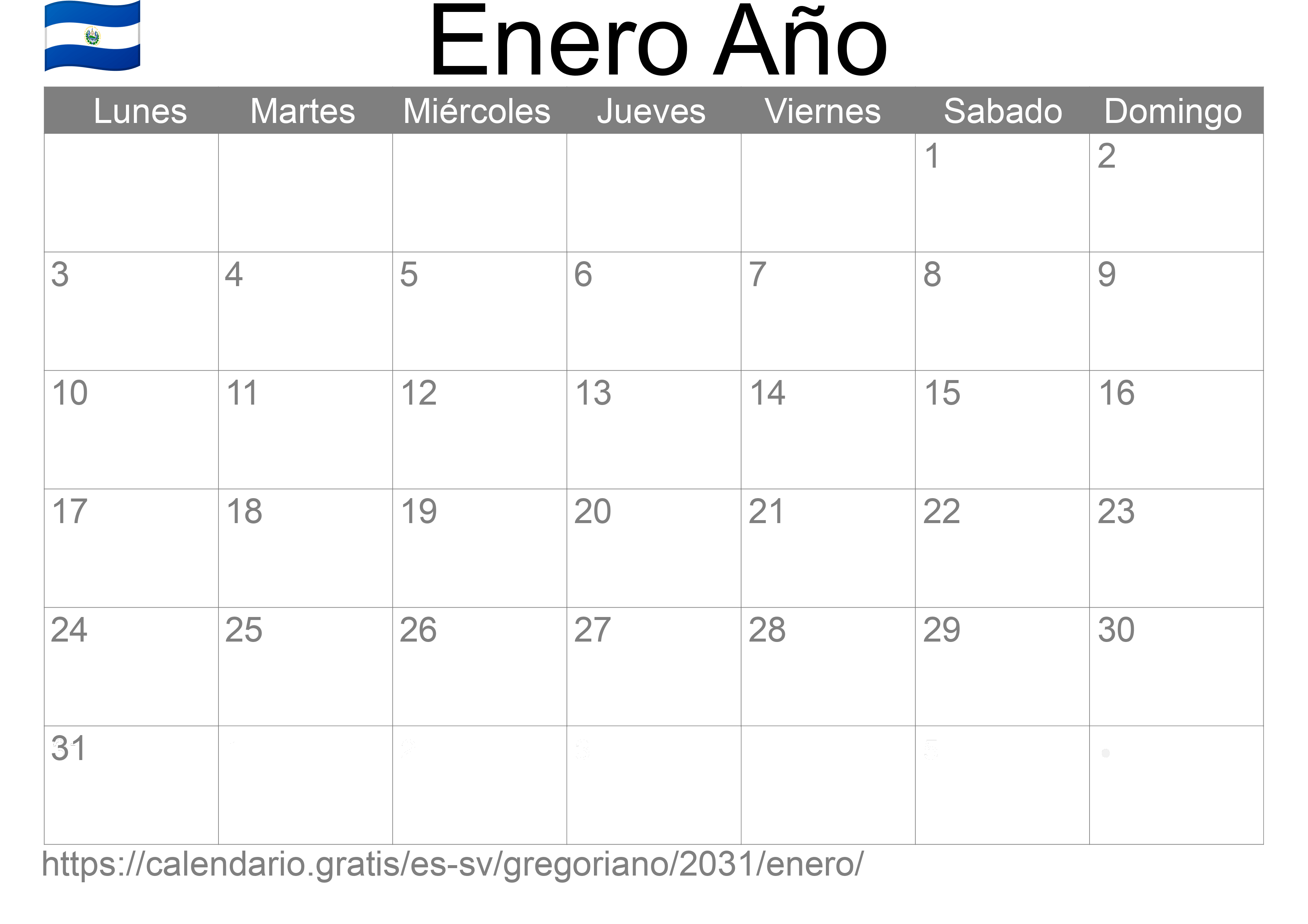 Calendario Enero 2031 para imprimir