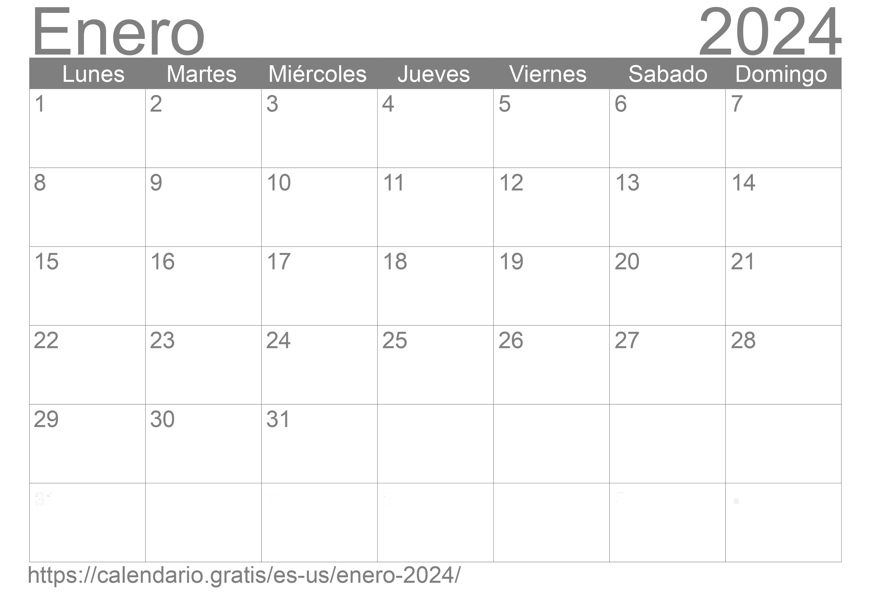 Calendario Enero 2024 de Estados Unidos de América en español ☑️