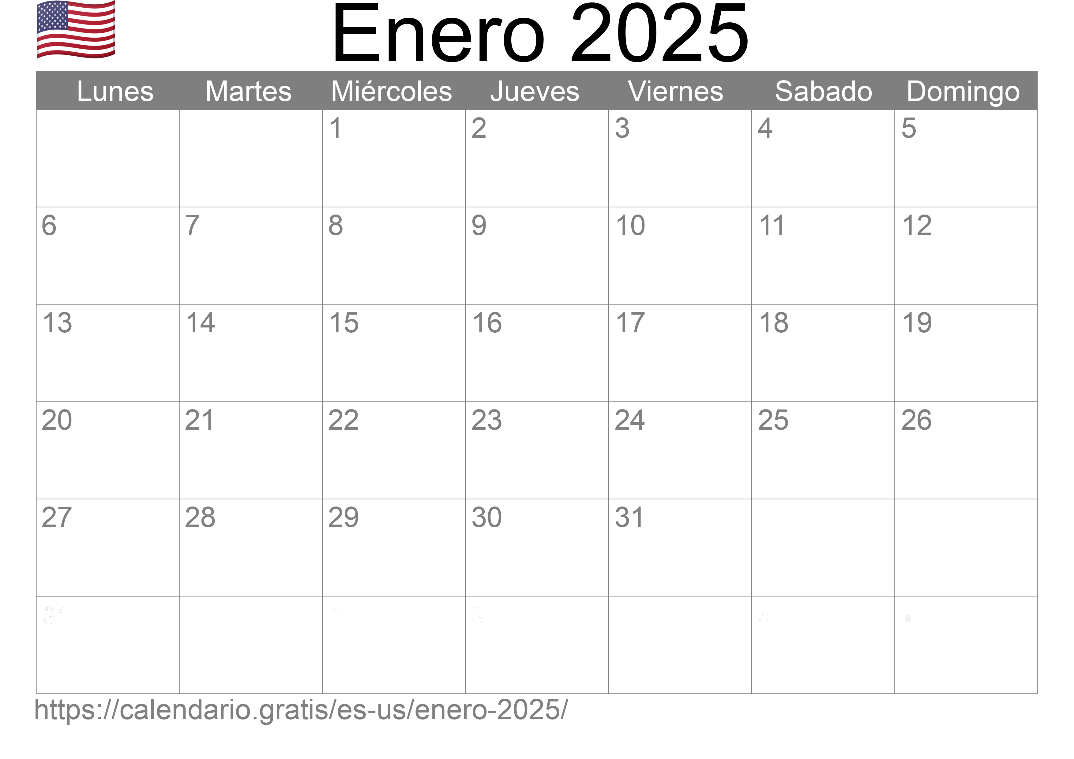 Calendario Enero 2025 de Estados Unidos de América en español ☑️