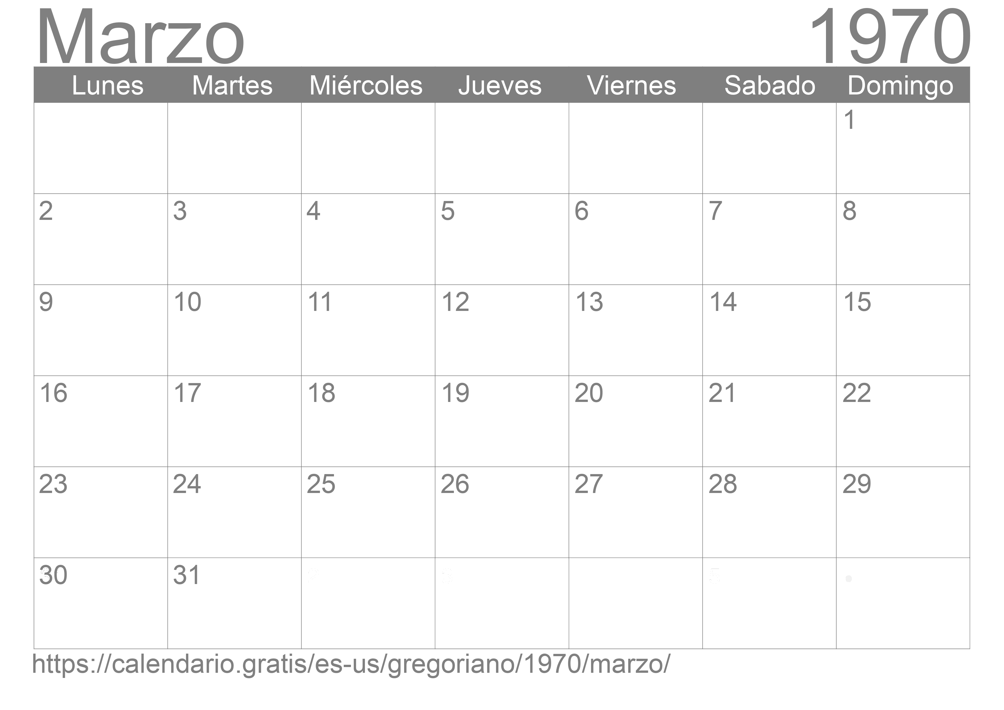 Calendario Marzo 1970 para imprimir