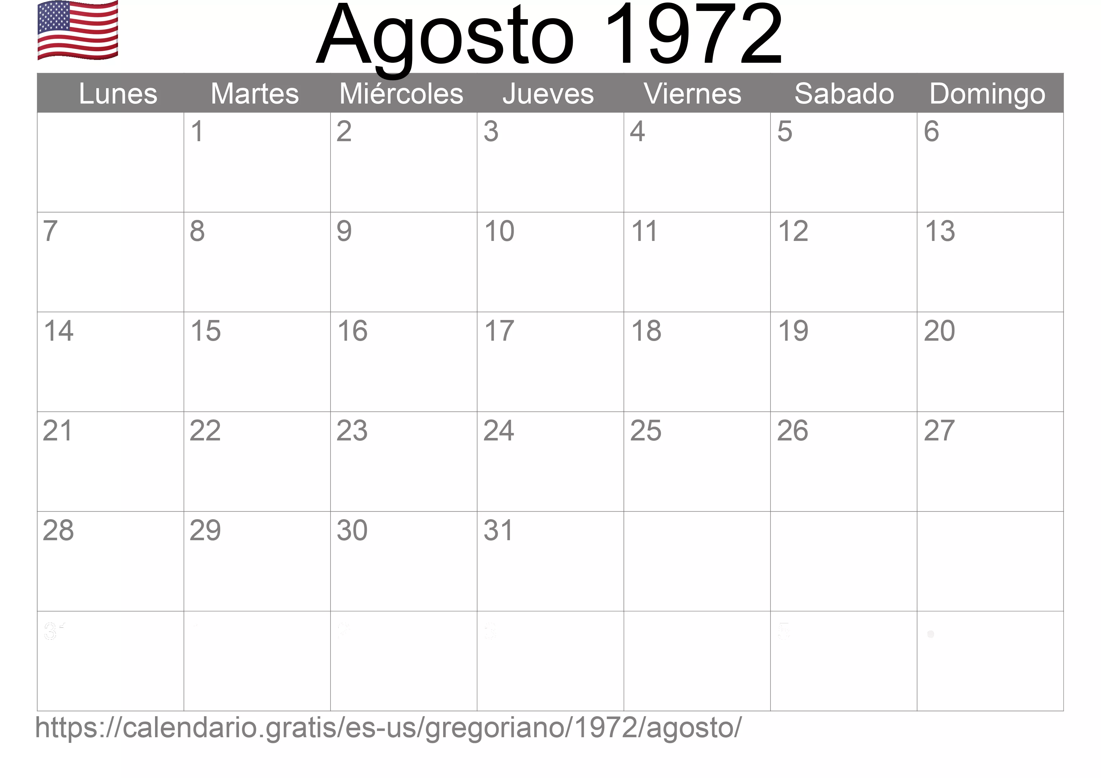 Calendario Agosto 1972 para imprimir (Estados Unidos de América)