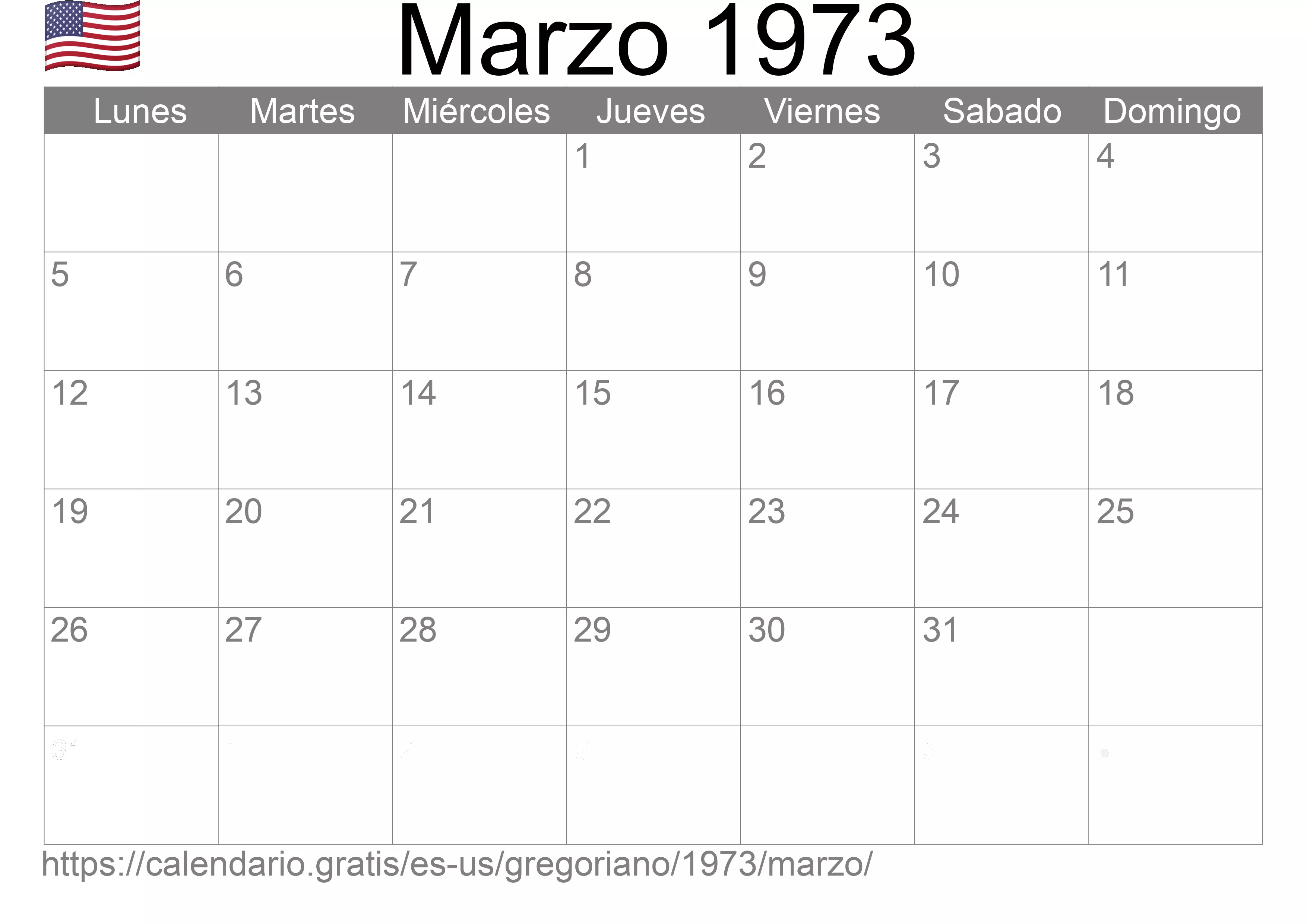 Calendario Marzo 1973 para imprimir (Estados Unidos de América)