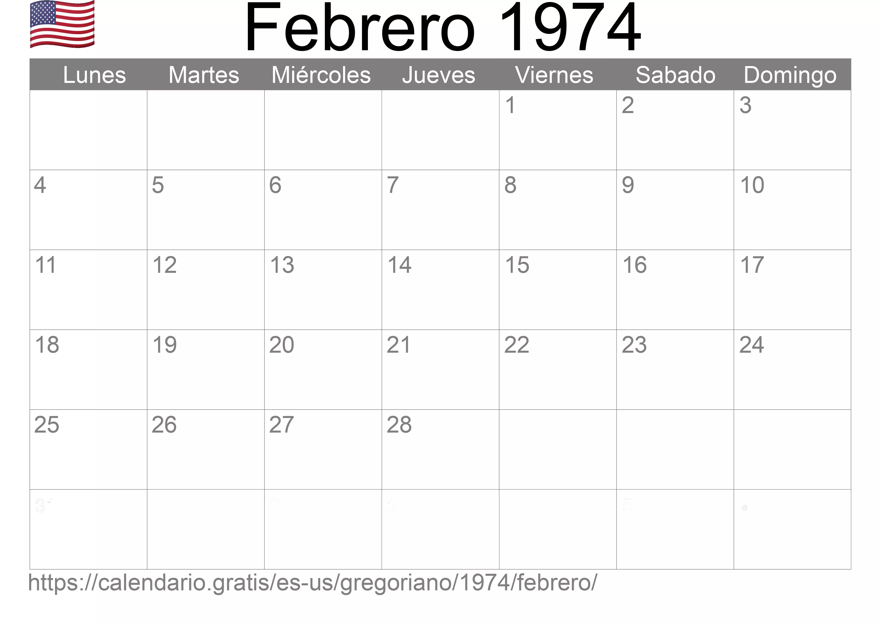 Calendario Febrero 1974 para imprimir (Estados Unidos de América)
