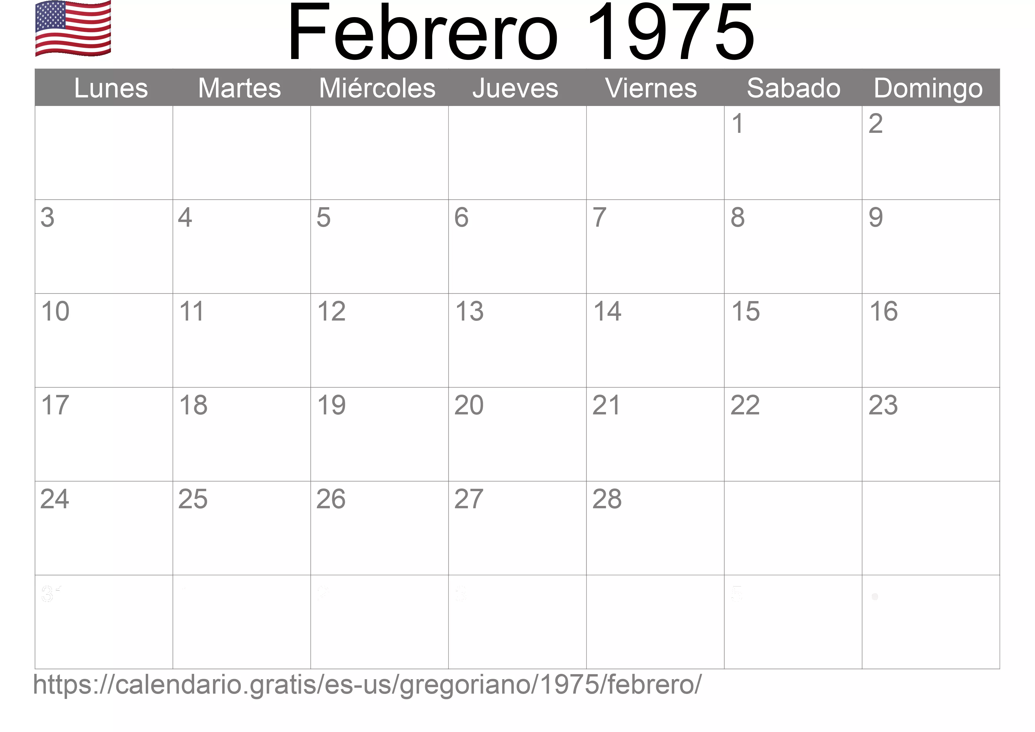 Calendario Febrero 1975 para imprimir (Estados Unidos de América)