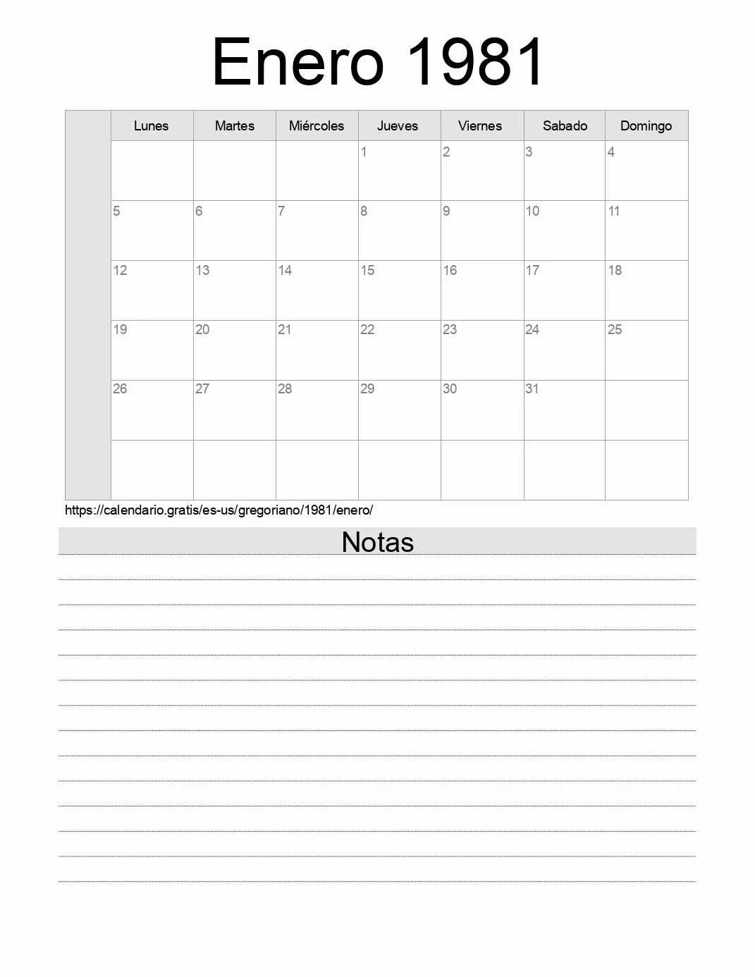 Calendario Enero 1981 para imprimir con notas. (Estados Unidos de América)