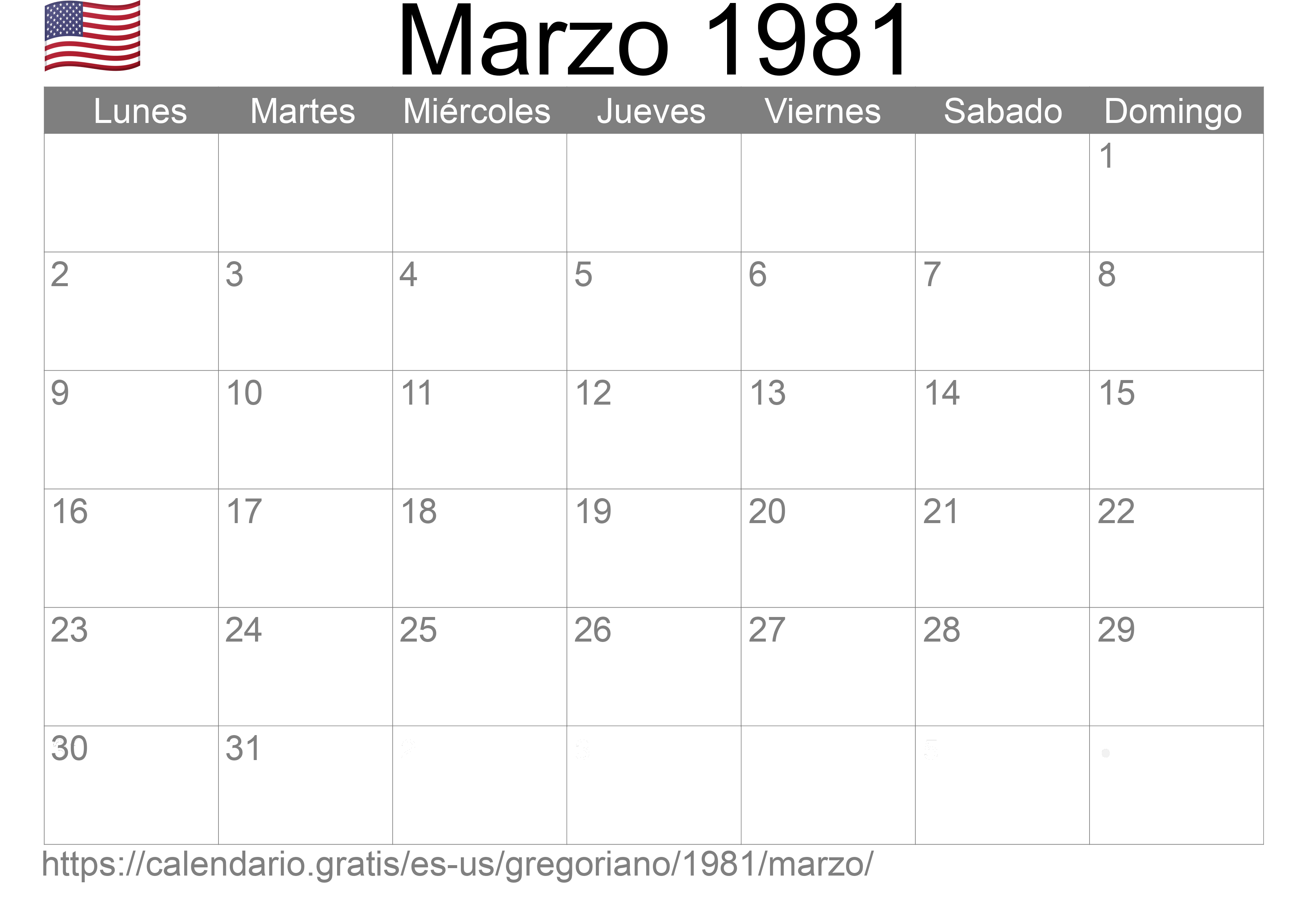 Calendario Marzo 1981 para imprimir