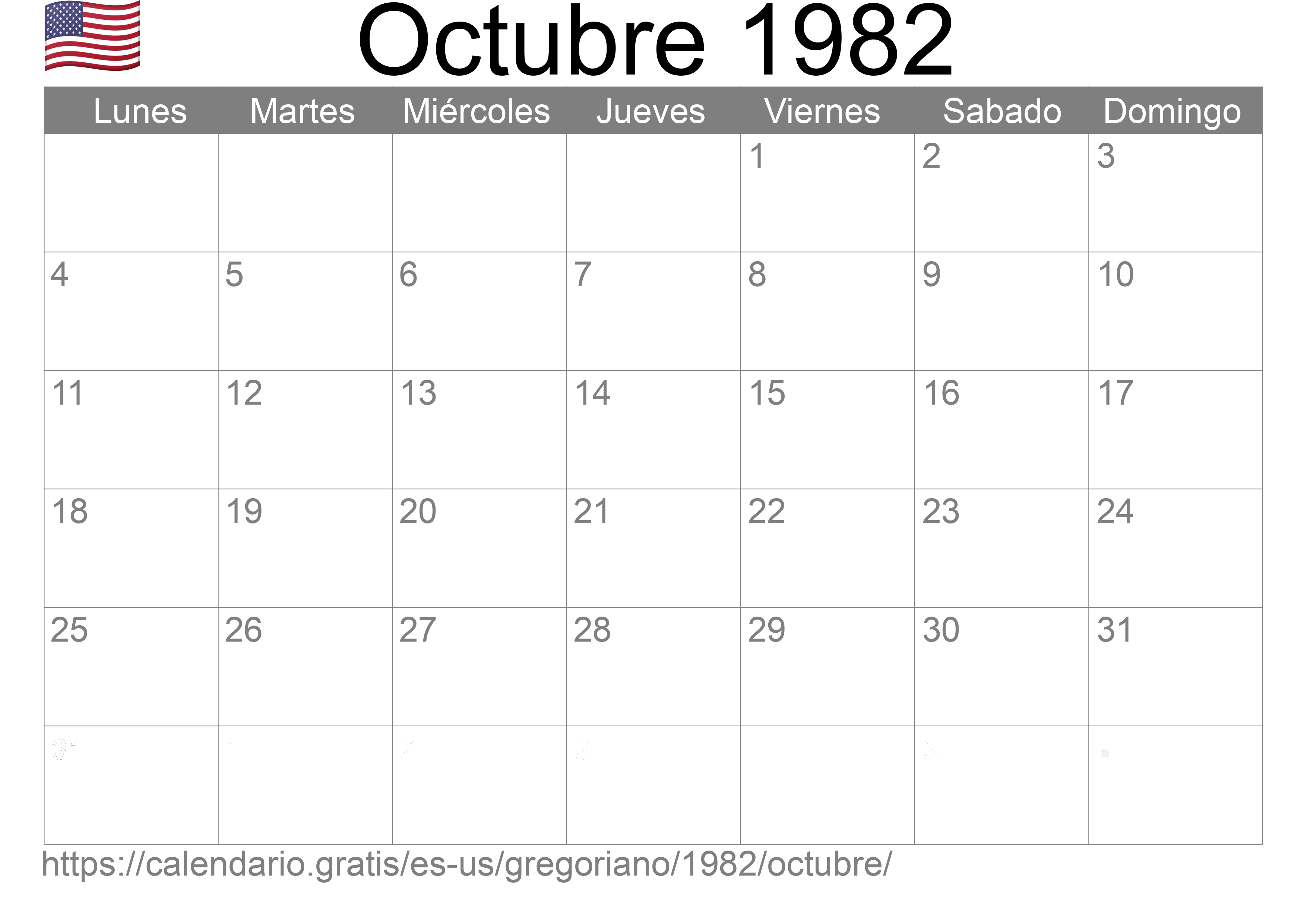 Calendario Octubre 1982 para imprimir