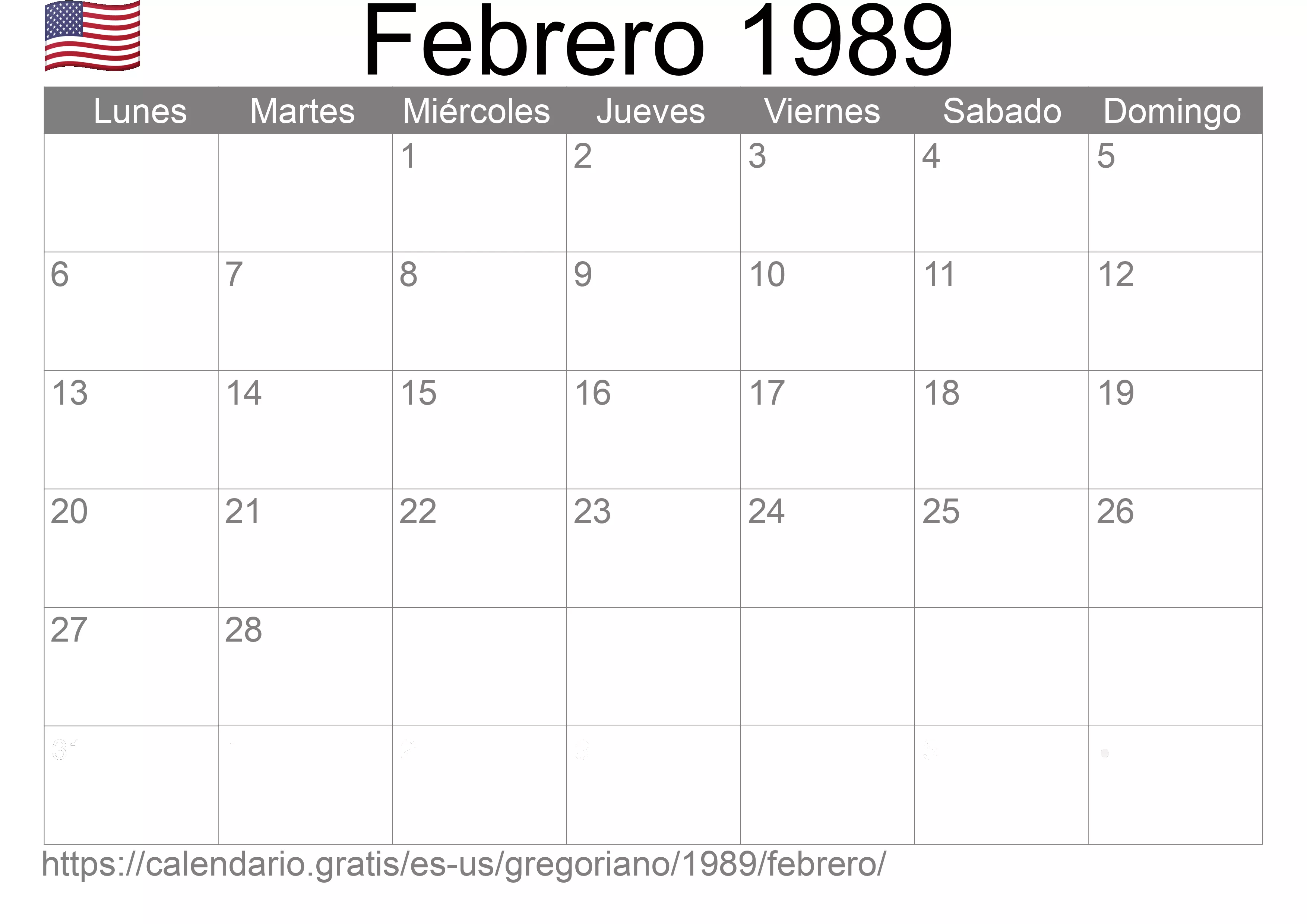 Calendario Febrero 1989 para imprimir (Estados Unidos de América)