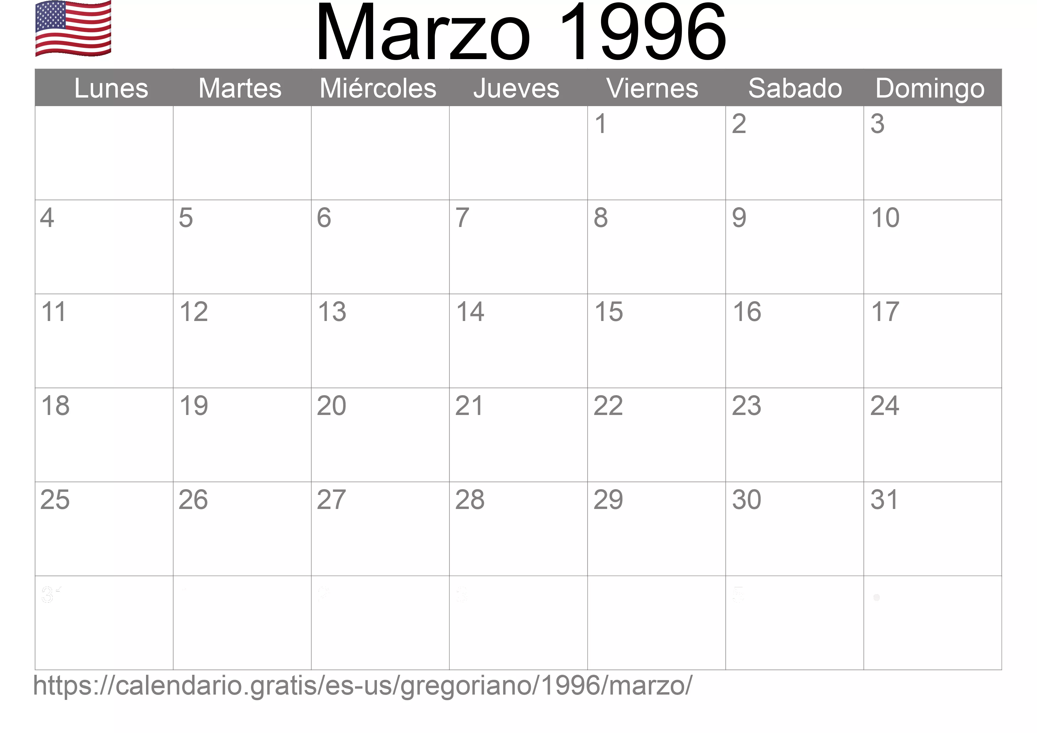 Calendario Marzo 1996 para imprimir (Estados Unidos de América)