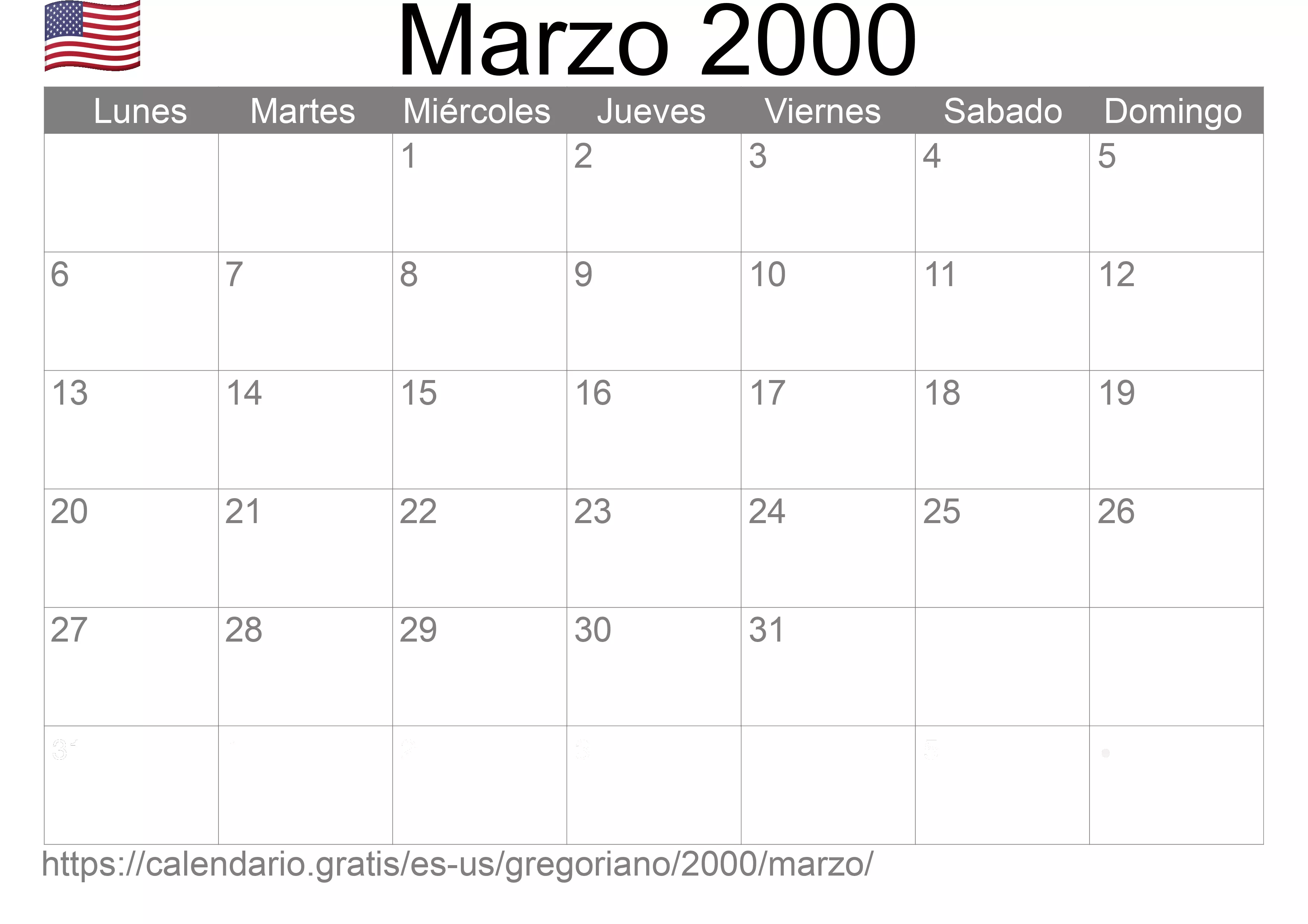 Calendario Marzo 2000 para imprimir (Estados Unidos de América)
