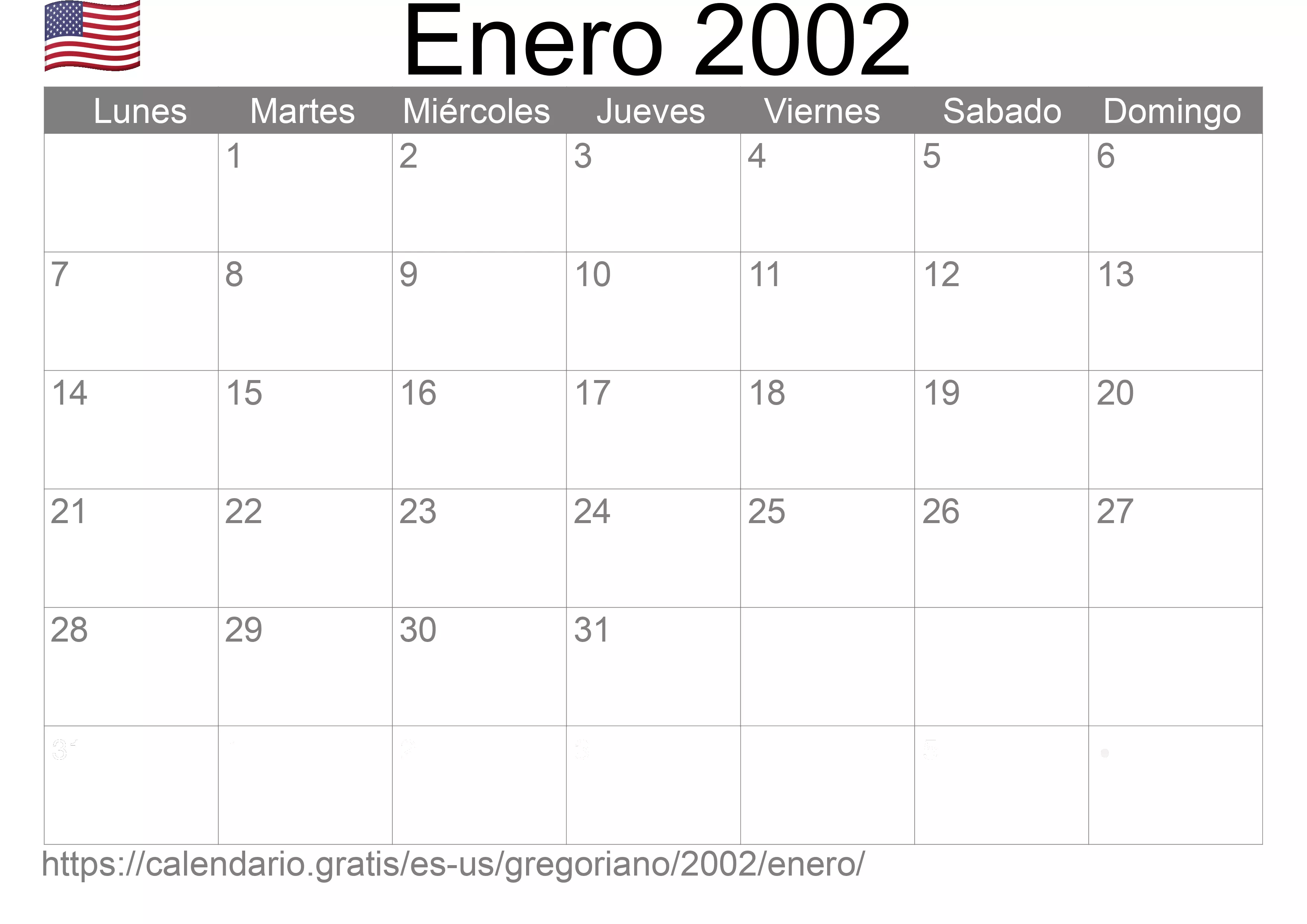 Calendario Enero 2002 para imprimir (Estados Unidos de América)