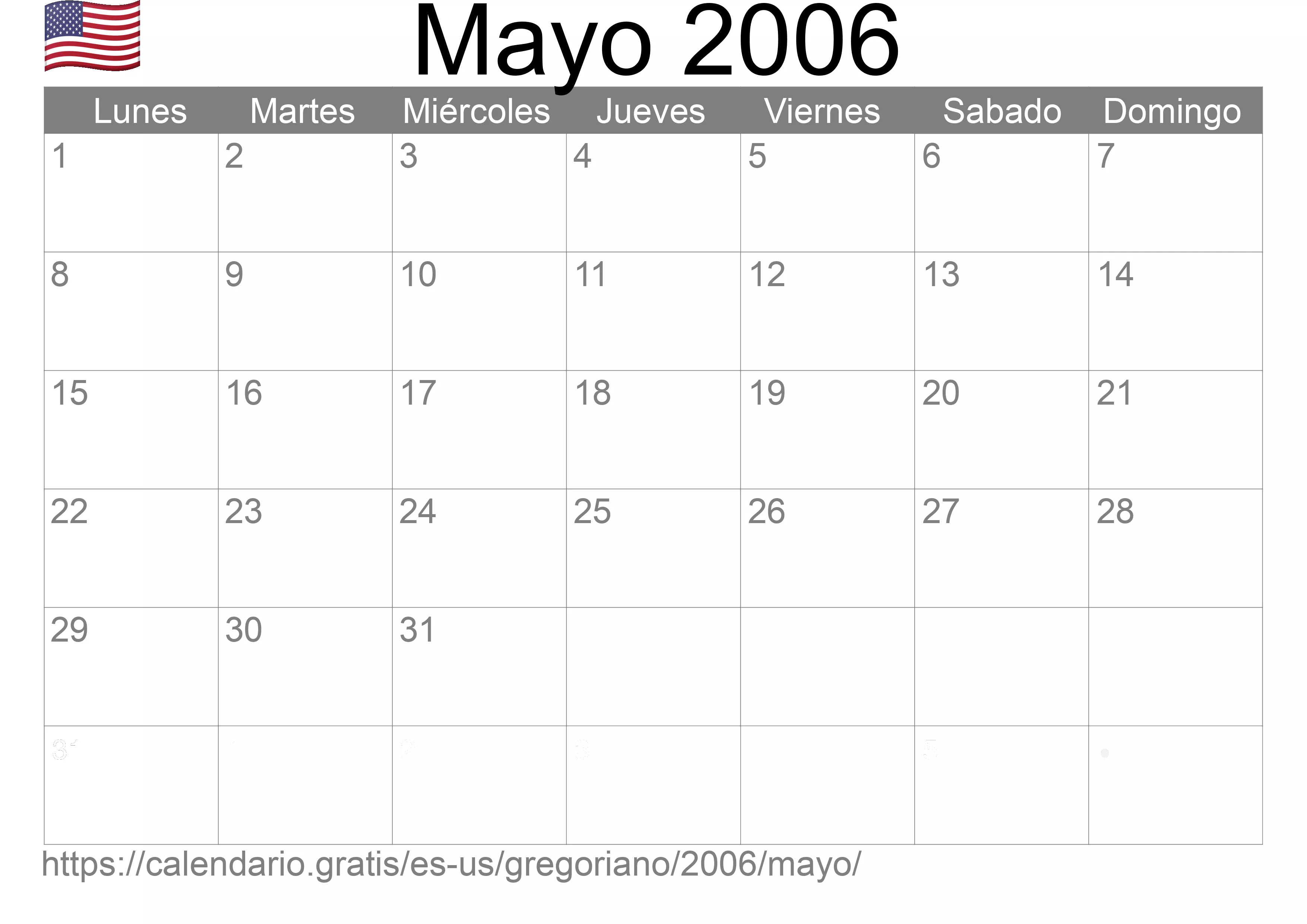 Calendario Mayo 2006 para imprimir (Estados Unidos de América)