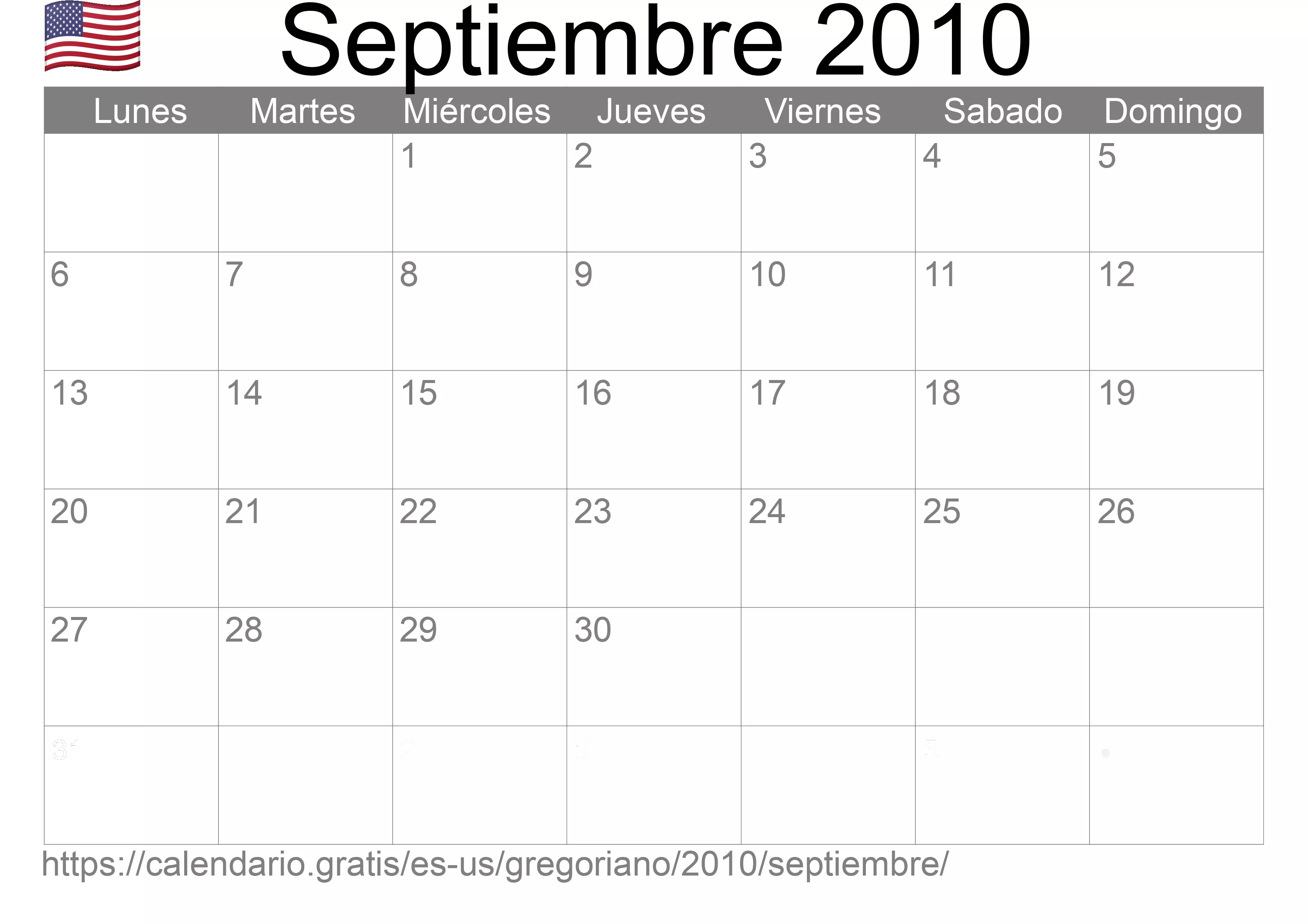 Calendario Septiembre 2010 para imprimir (Estados Unidos de América)