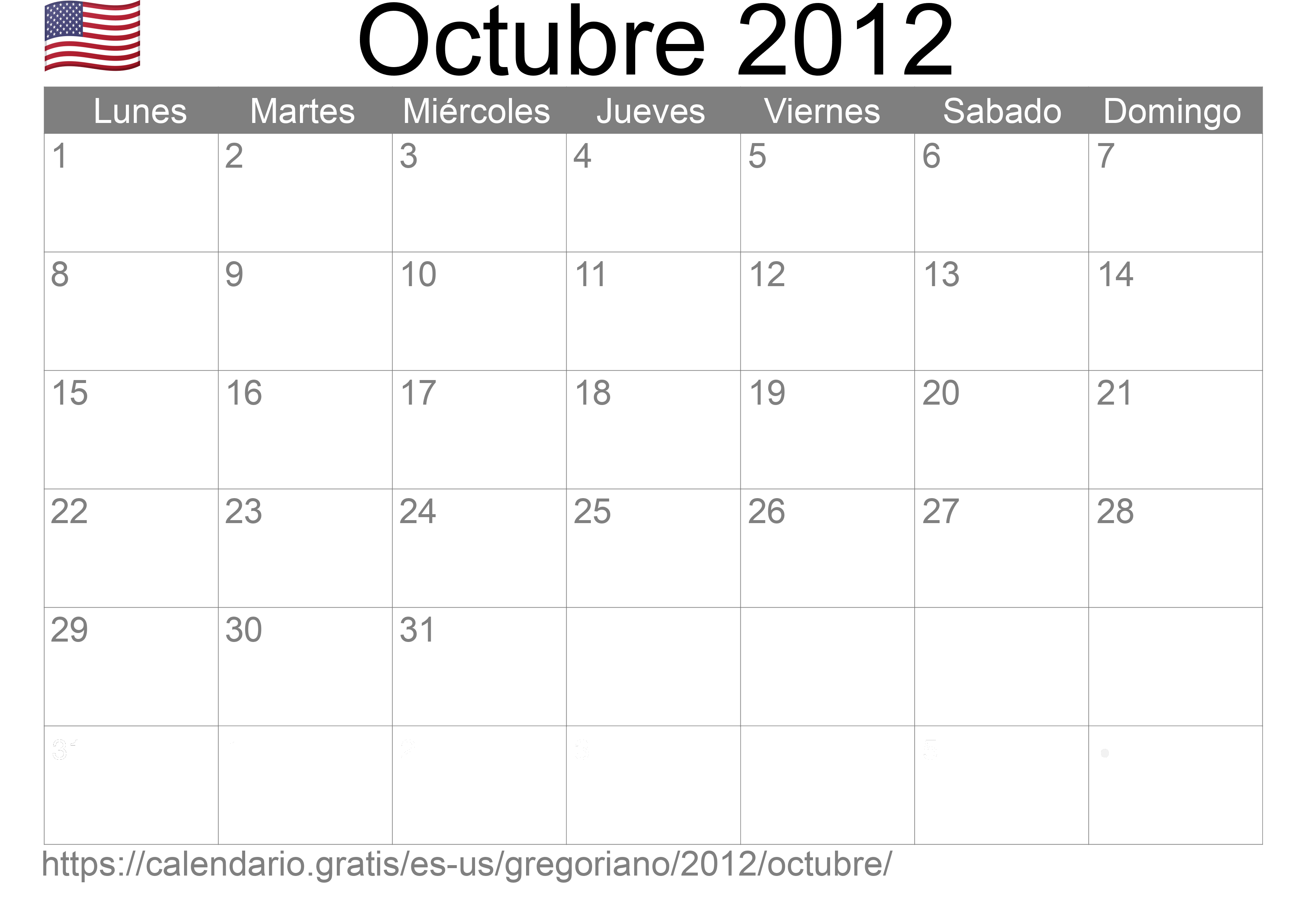 Calendario Octubre 2012 para imprimir