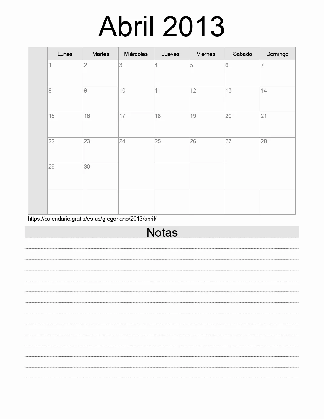 Calendario Abril 2013 para imprimir con notas. (Estados Unidos de América)