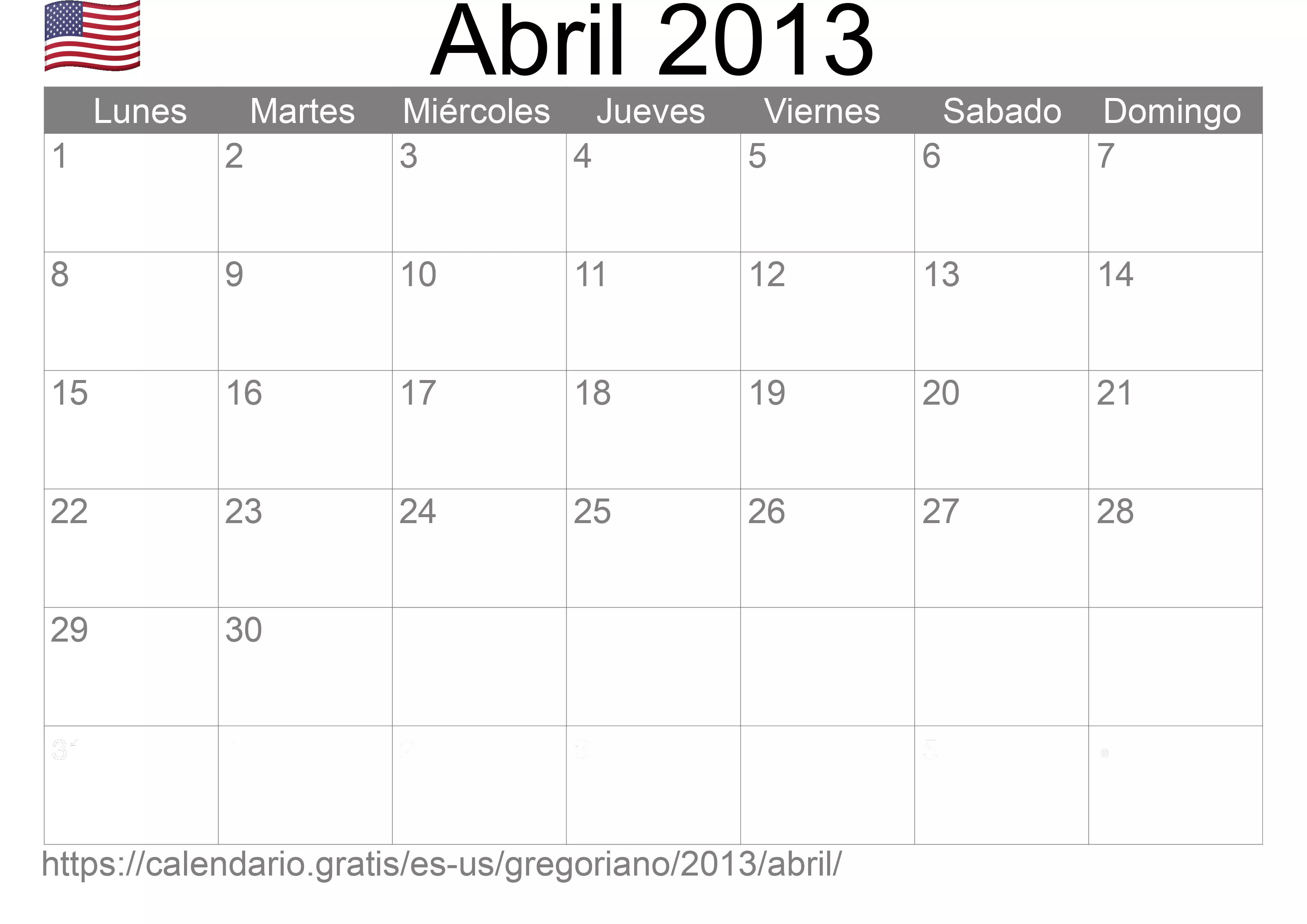 Calendario Abril 2013 para imprimir (Estados Unidos de América)