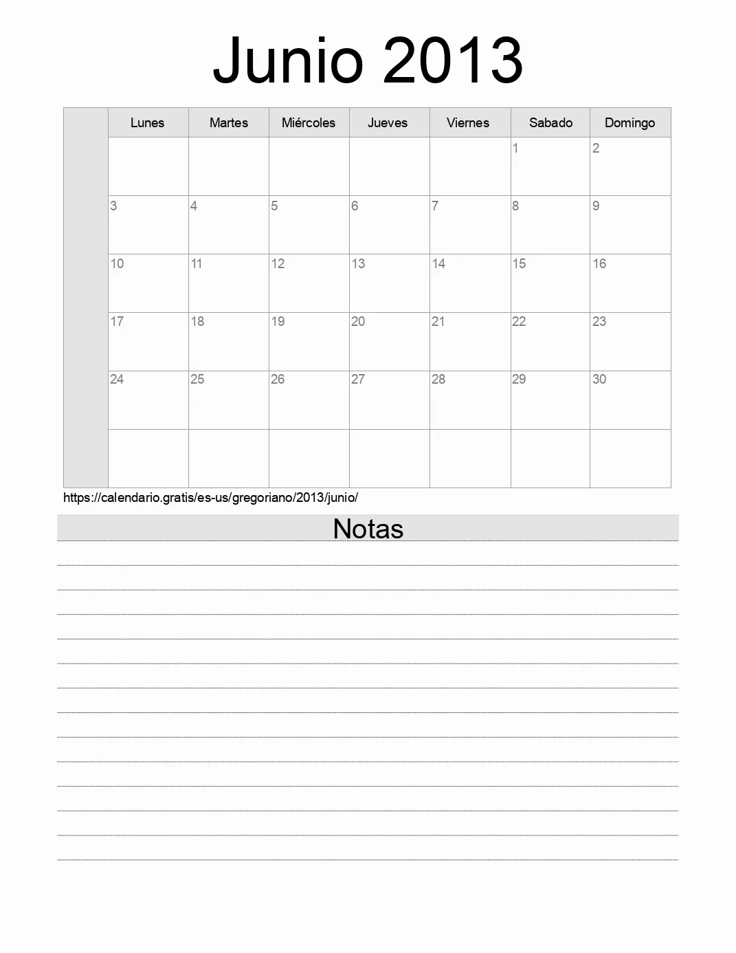 Calendario Junio 2013 para imprimir con notas. (Estados Unidos de América)