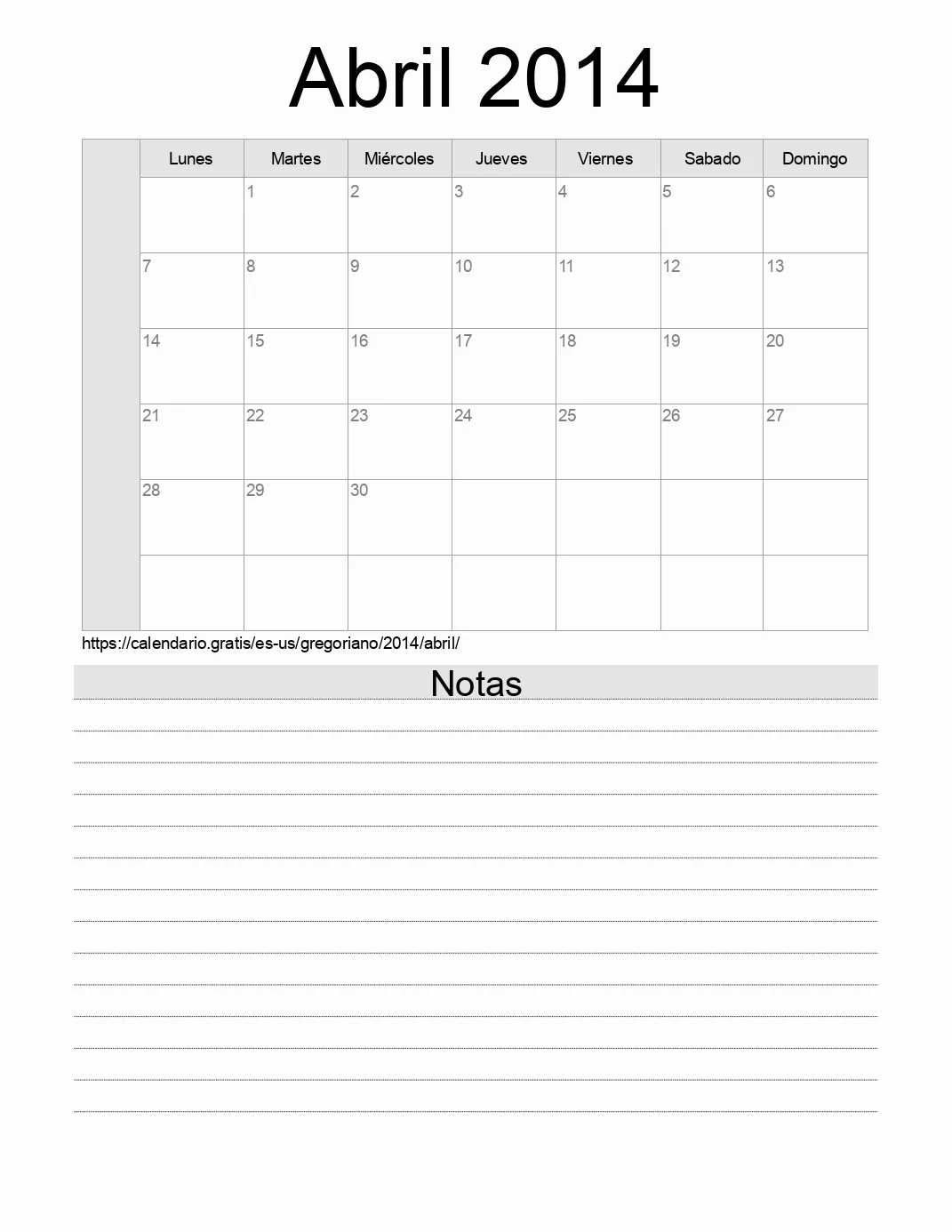 Calendario Abril 2014 para imprimir con notas. (Estados Unidos de América) Calendario Abril 2014 para imprimir con notas. (Estados Unidos de América)