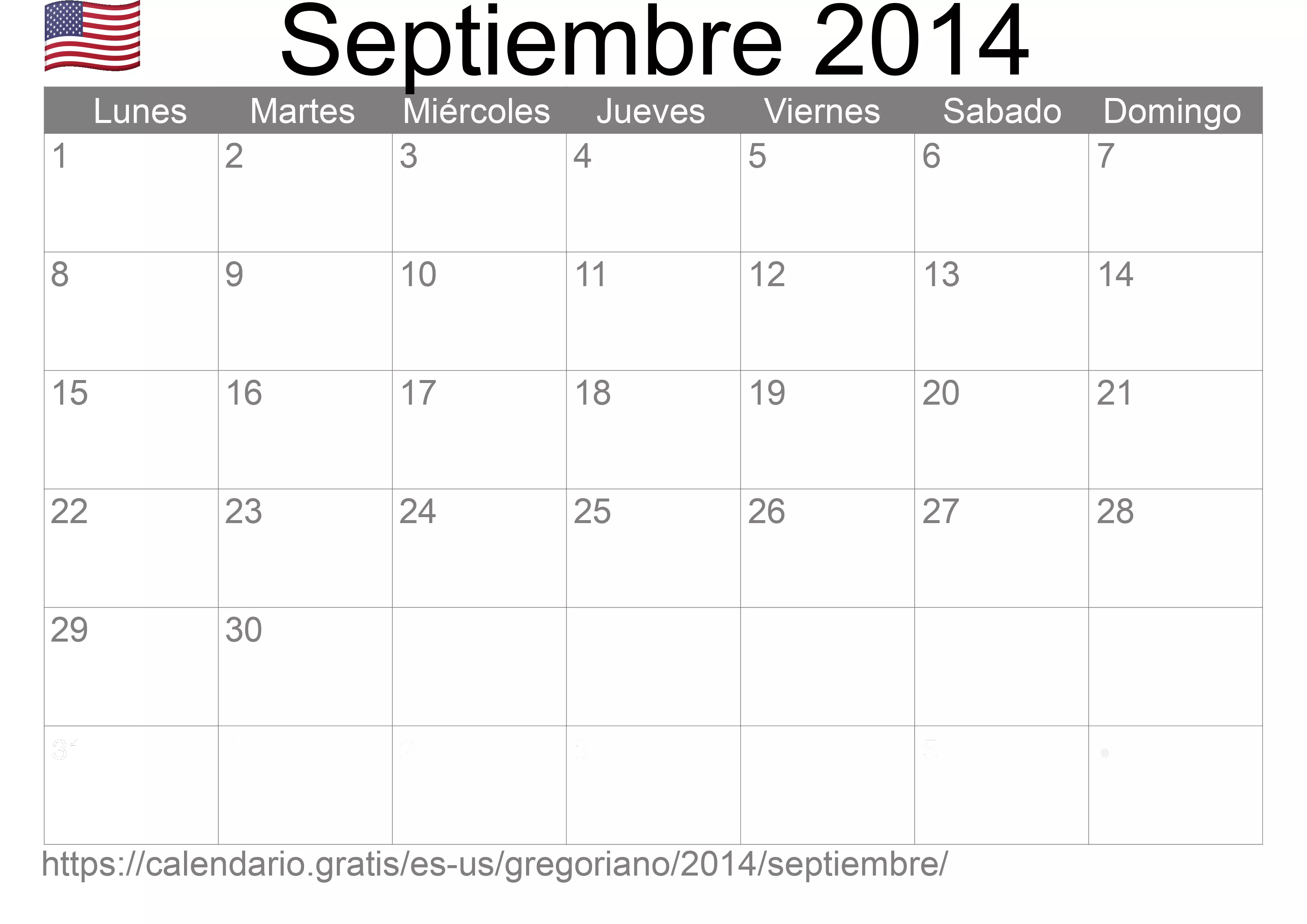 Calendario Septiembre 2014 para imprimir (Estados Unidos de América)
