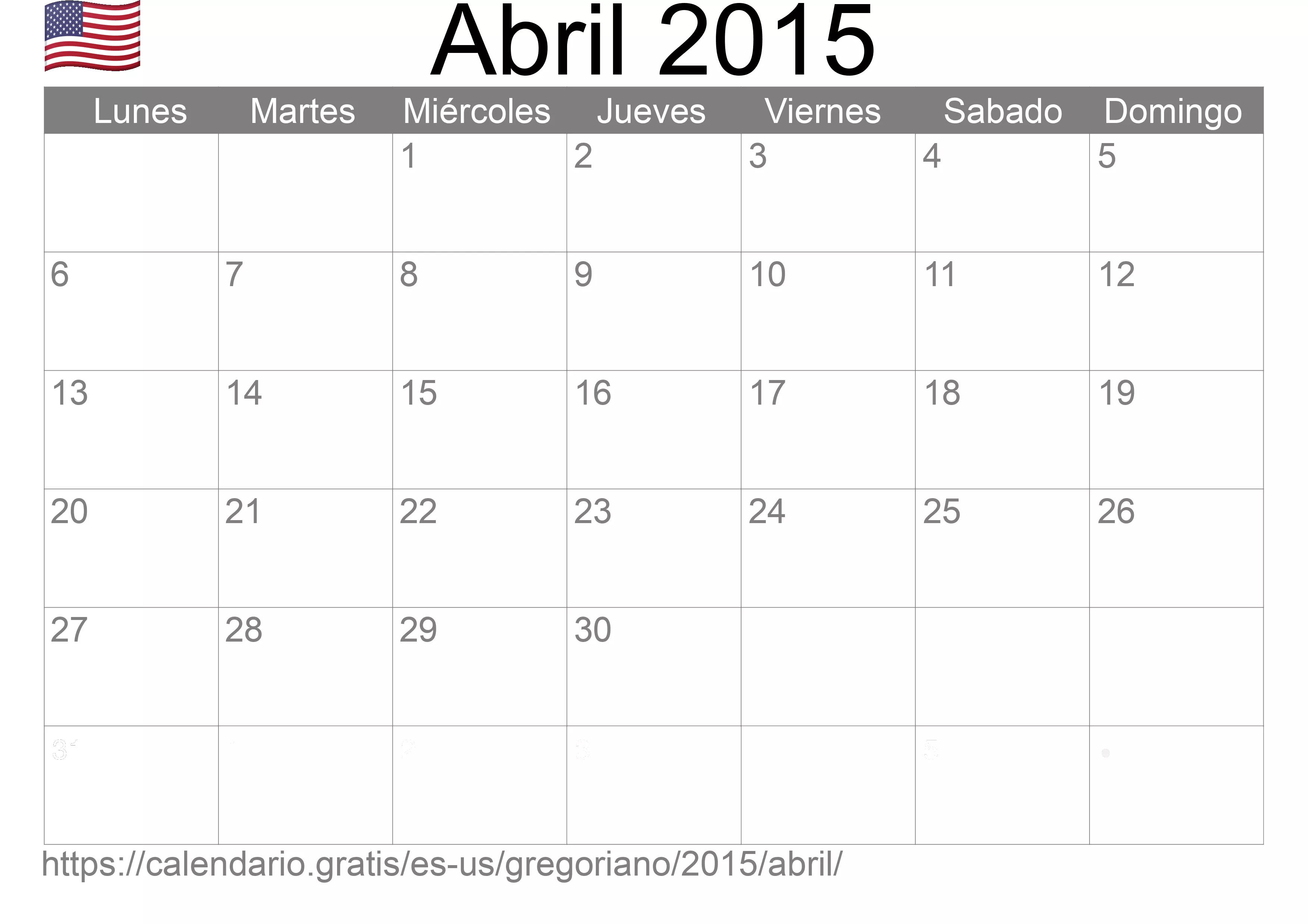 Calendario Abril 2015 para imprimir (Estados Unidos de América) Calendario Abril 2015 para imprimir (Estados Unidos de América)