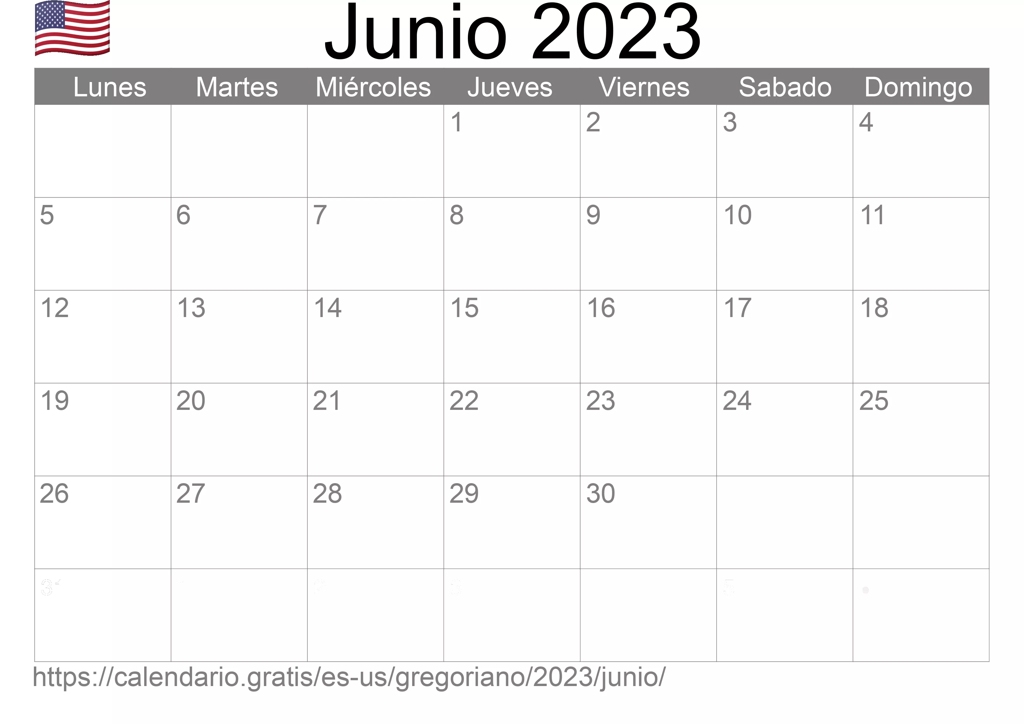 Calendario Junio 2023 para imprimir (Estados Unidos de América)