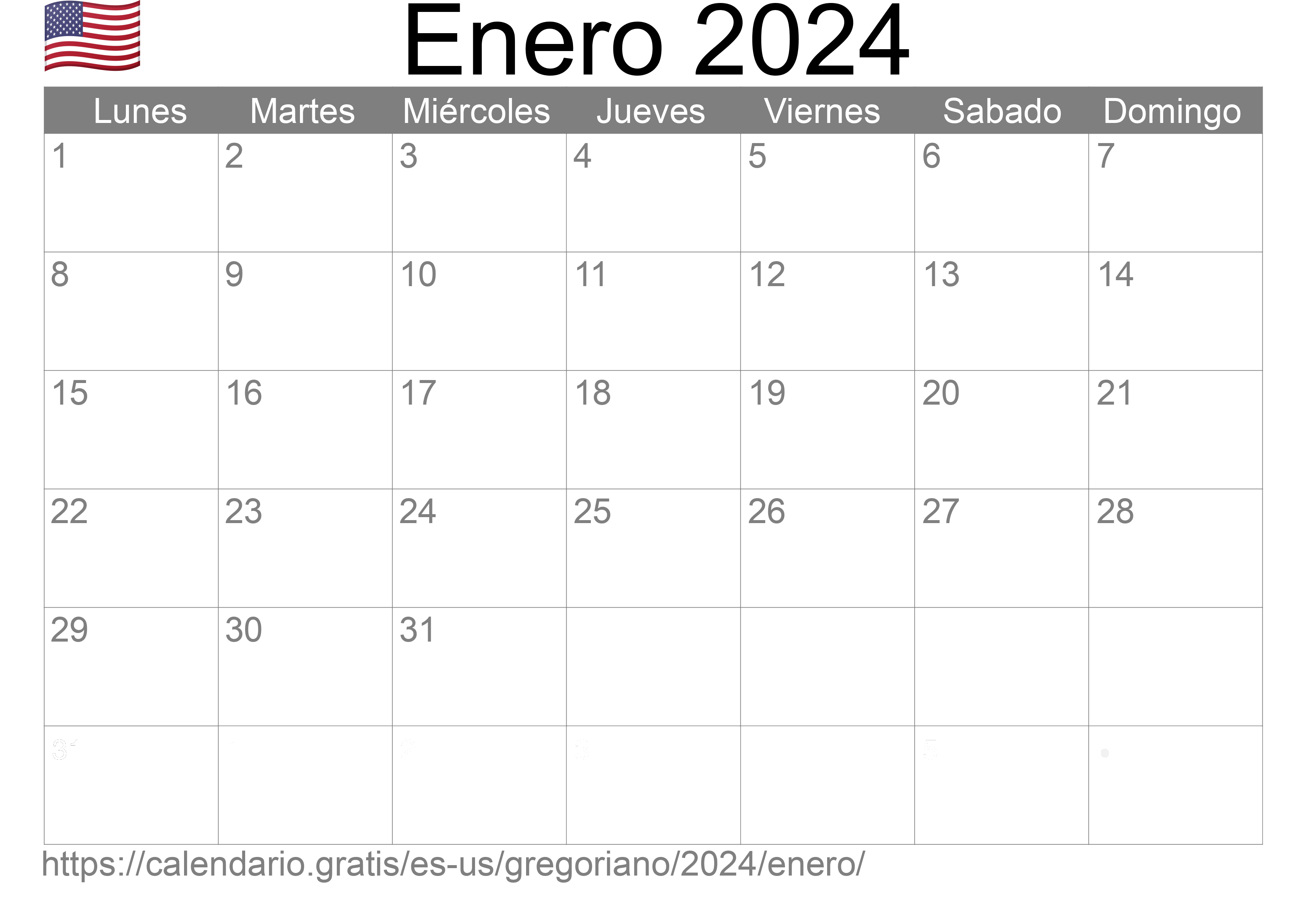 Calendario Enero 2024 de Estados Unidos de América en español Festivos