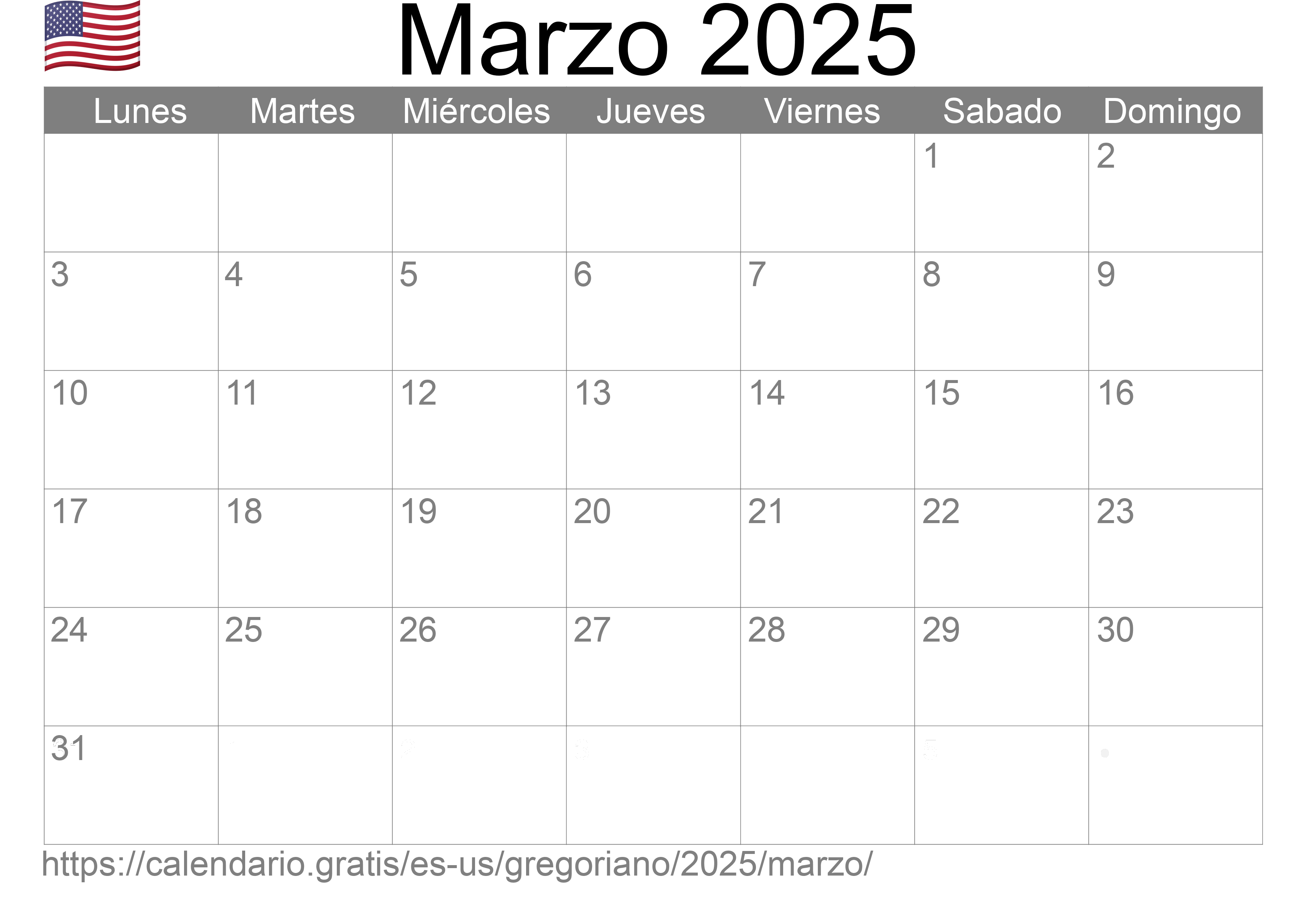 Calendario Marzo 2025 para imprimir