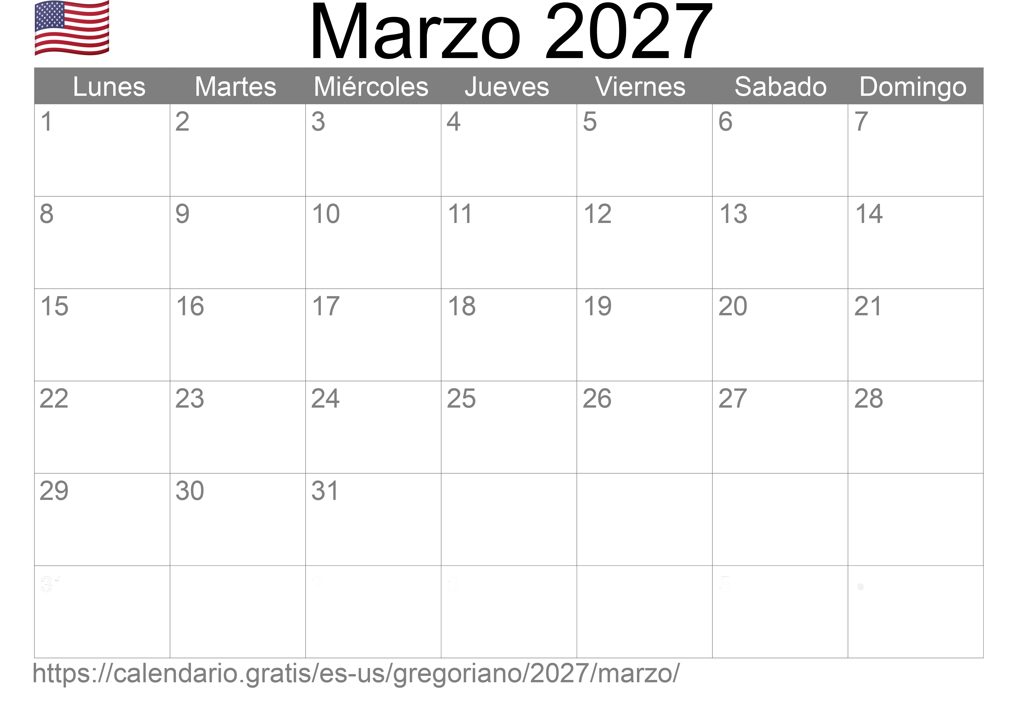 Calendario Marzo 2027 para imprimir