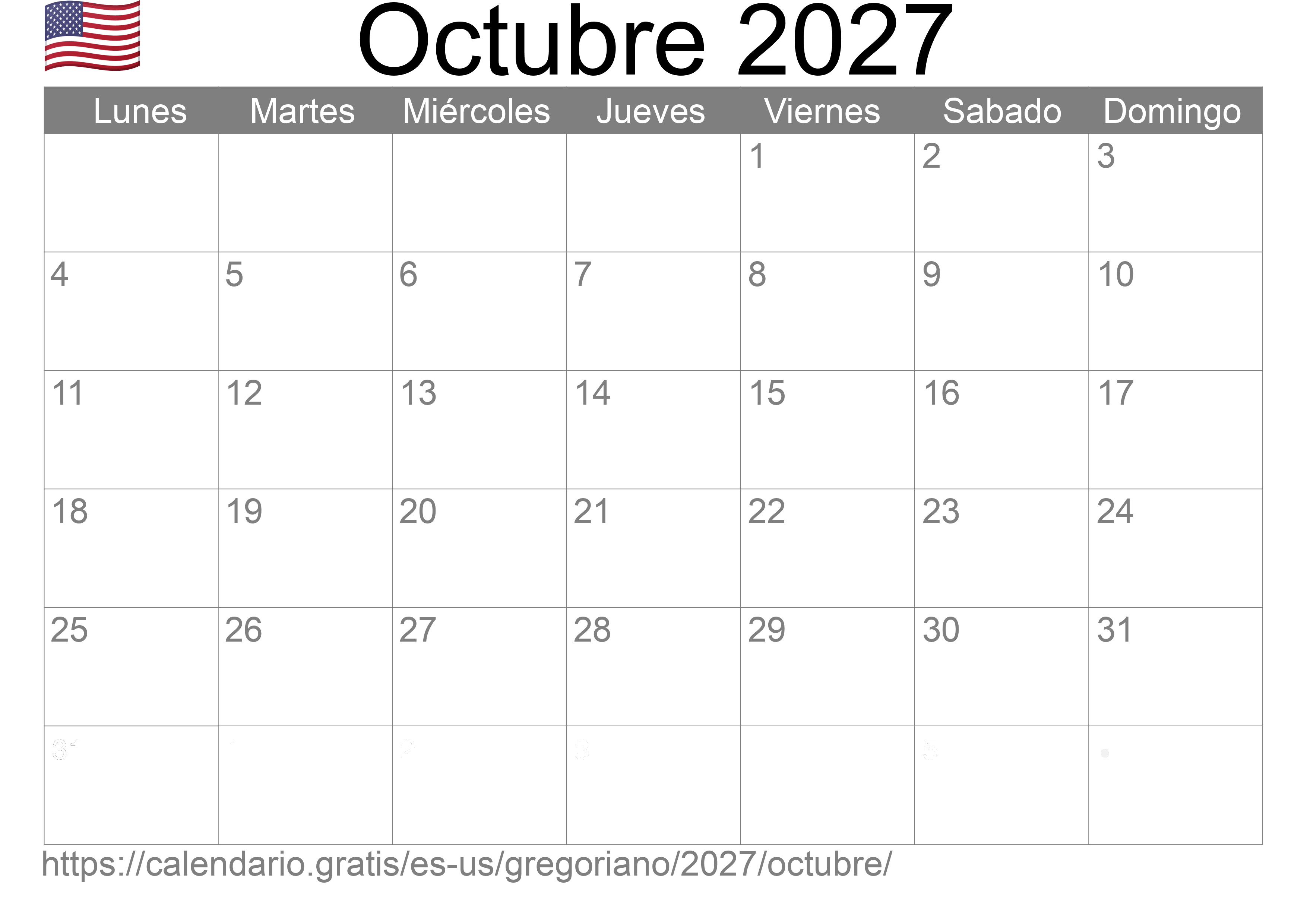 Calendario Octubre 2027 para imprimir