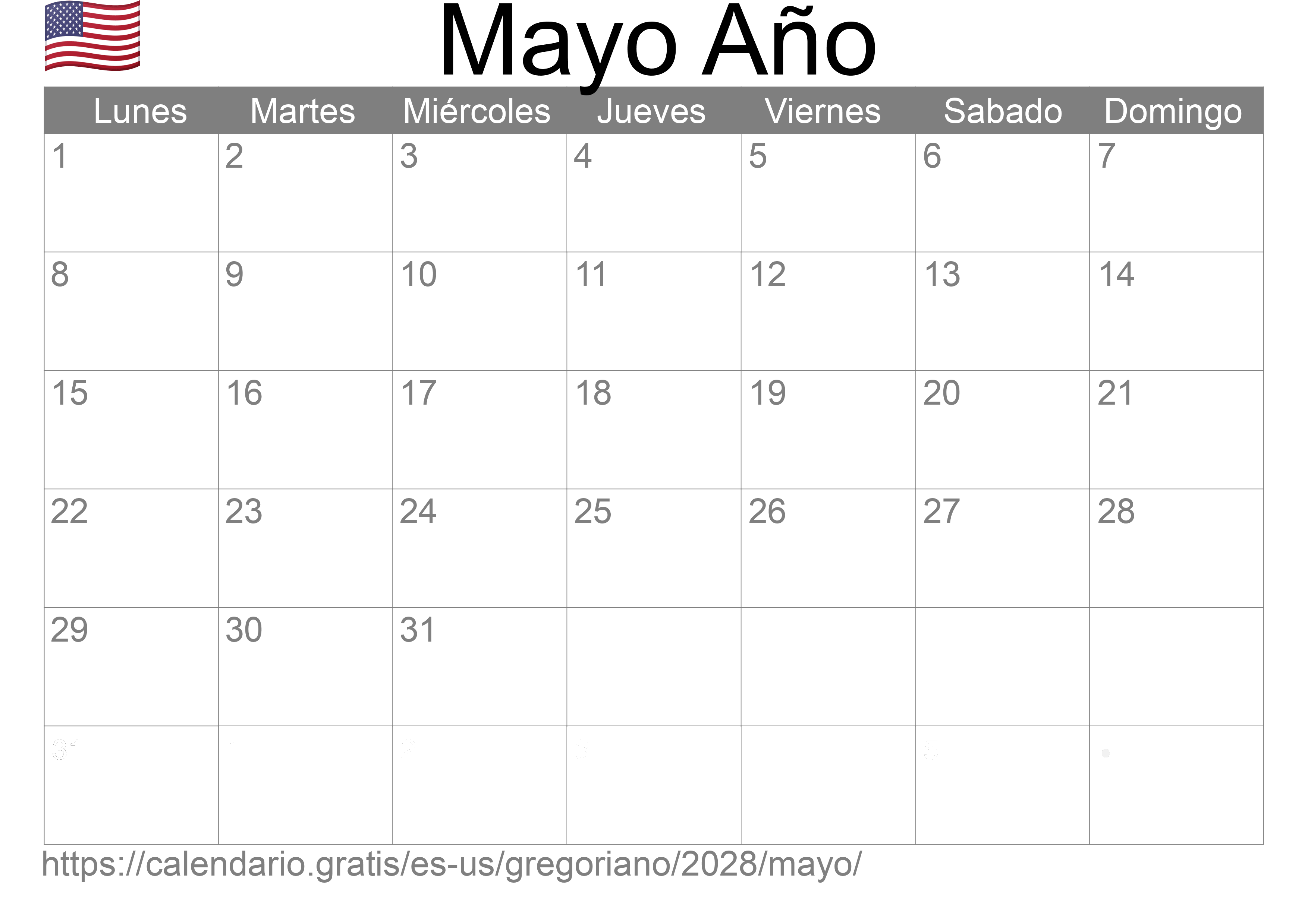 Calendario Mayo 2028 para imprimir