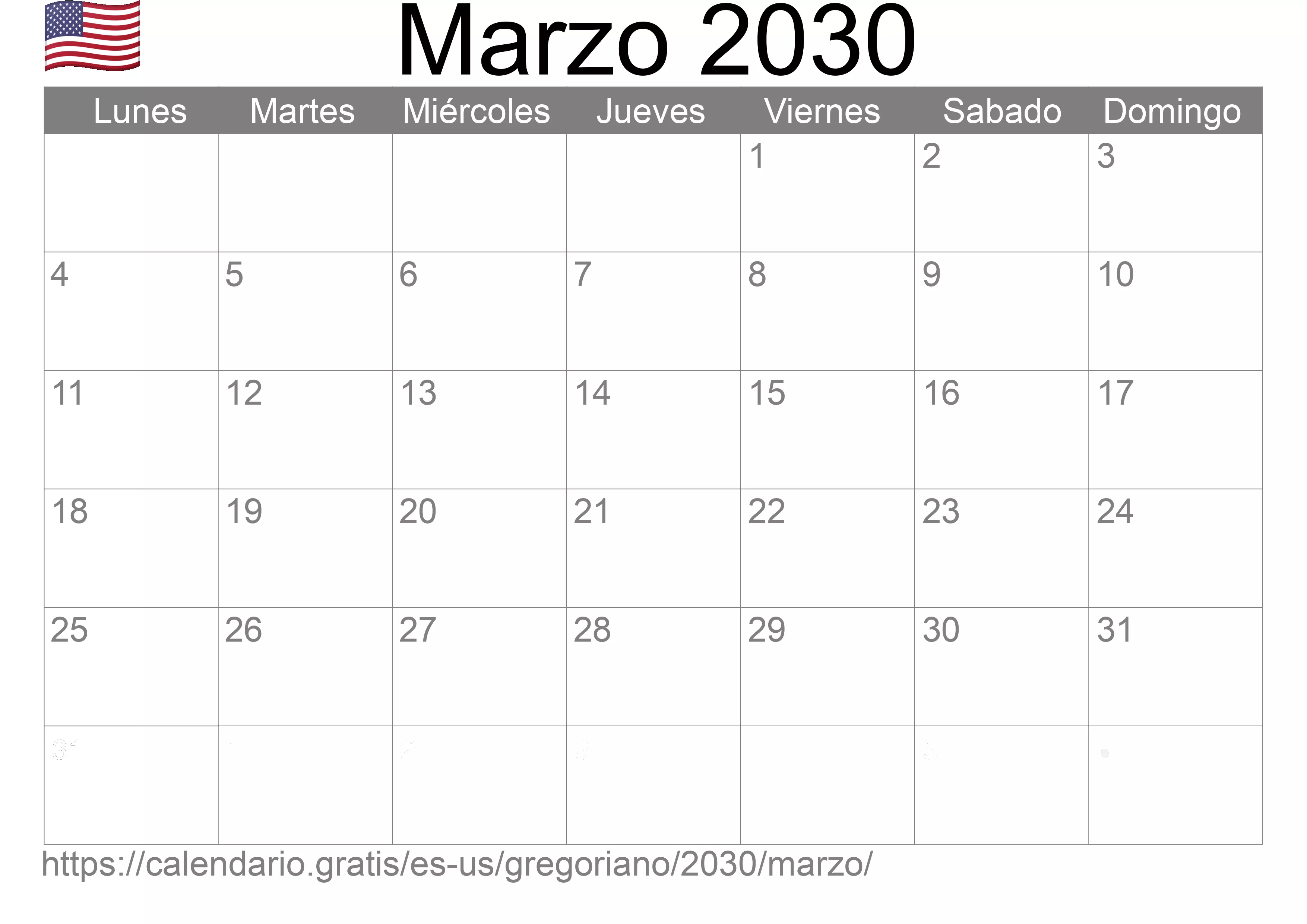 Calendario Marzo 2030 para imprimir (Estados Unidos de América)