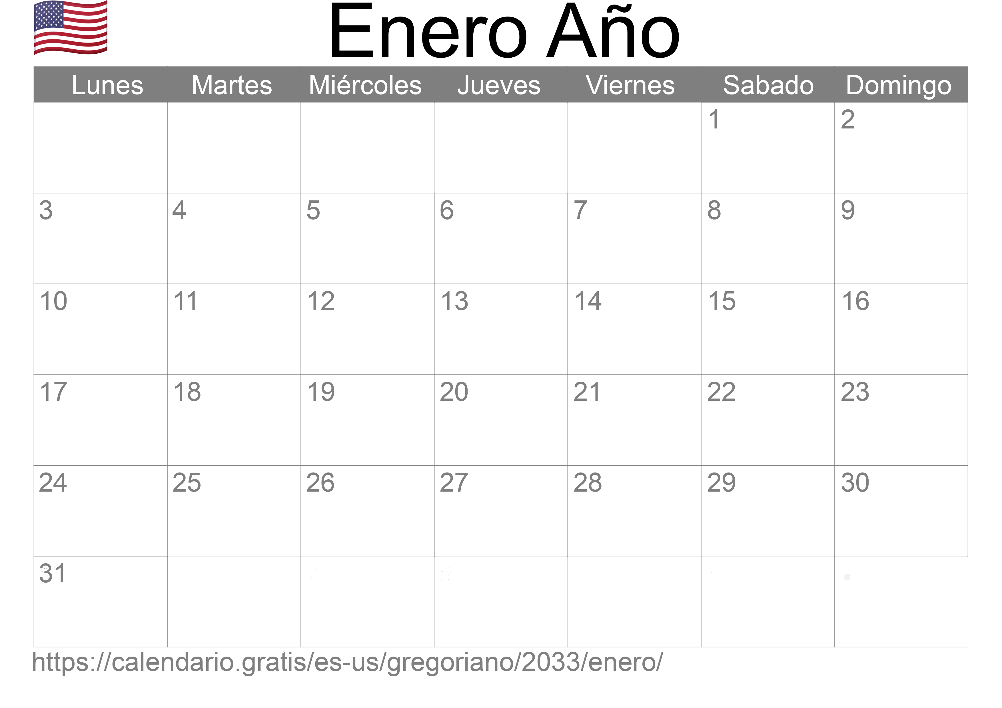 Calendario Enero 2033 para imprimir