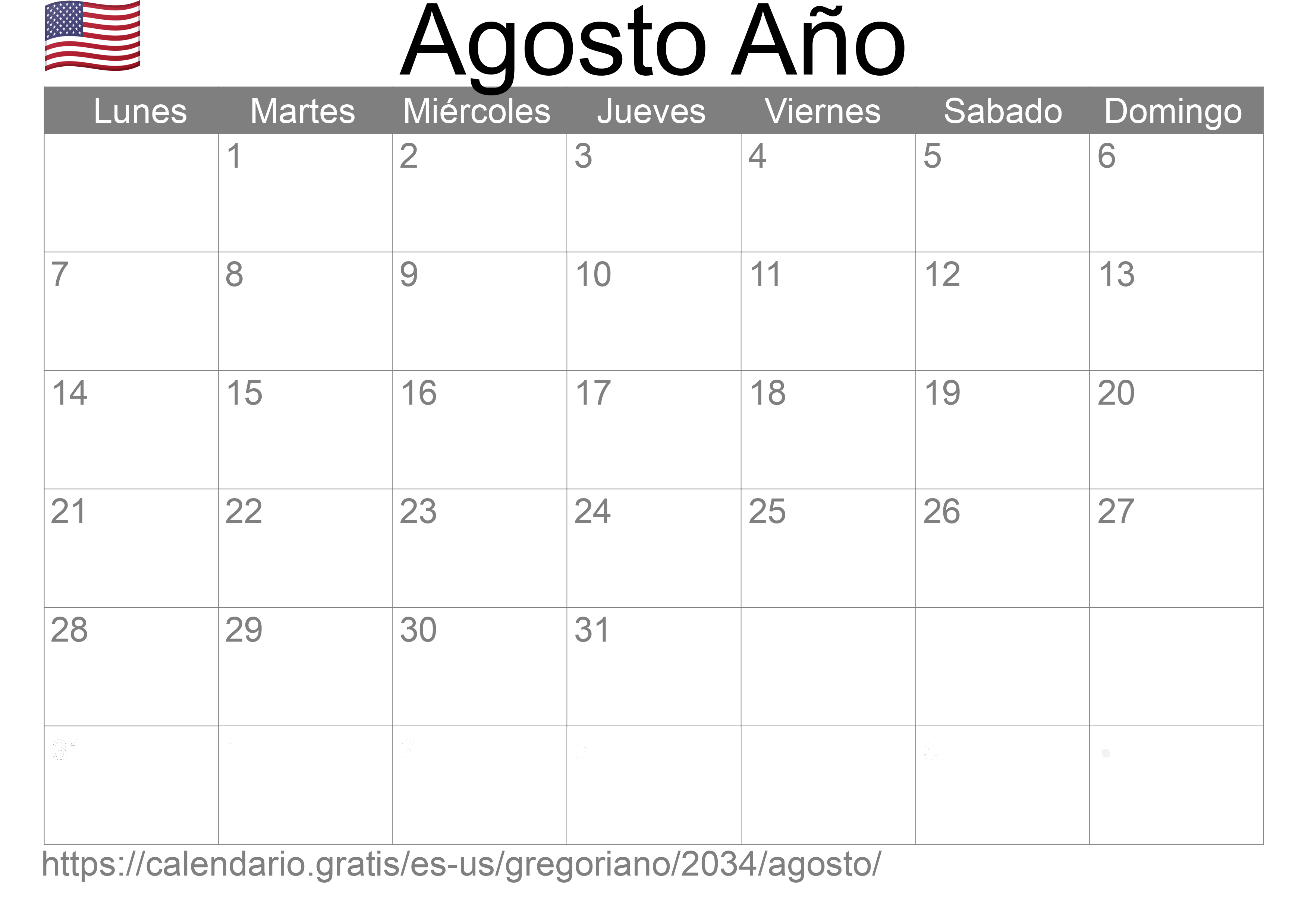 Calendario Agosto 2034 para imprimir