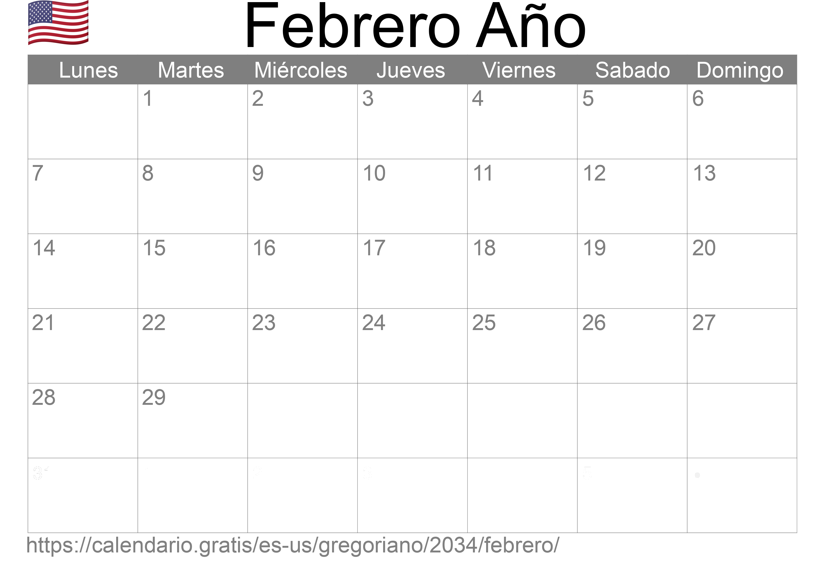 Calendario Febrero 2034 para imprimir