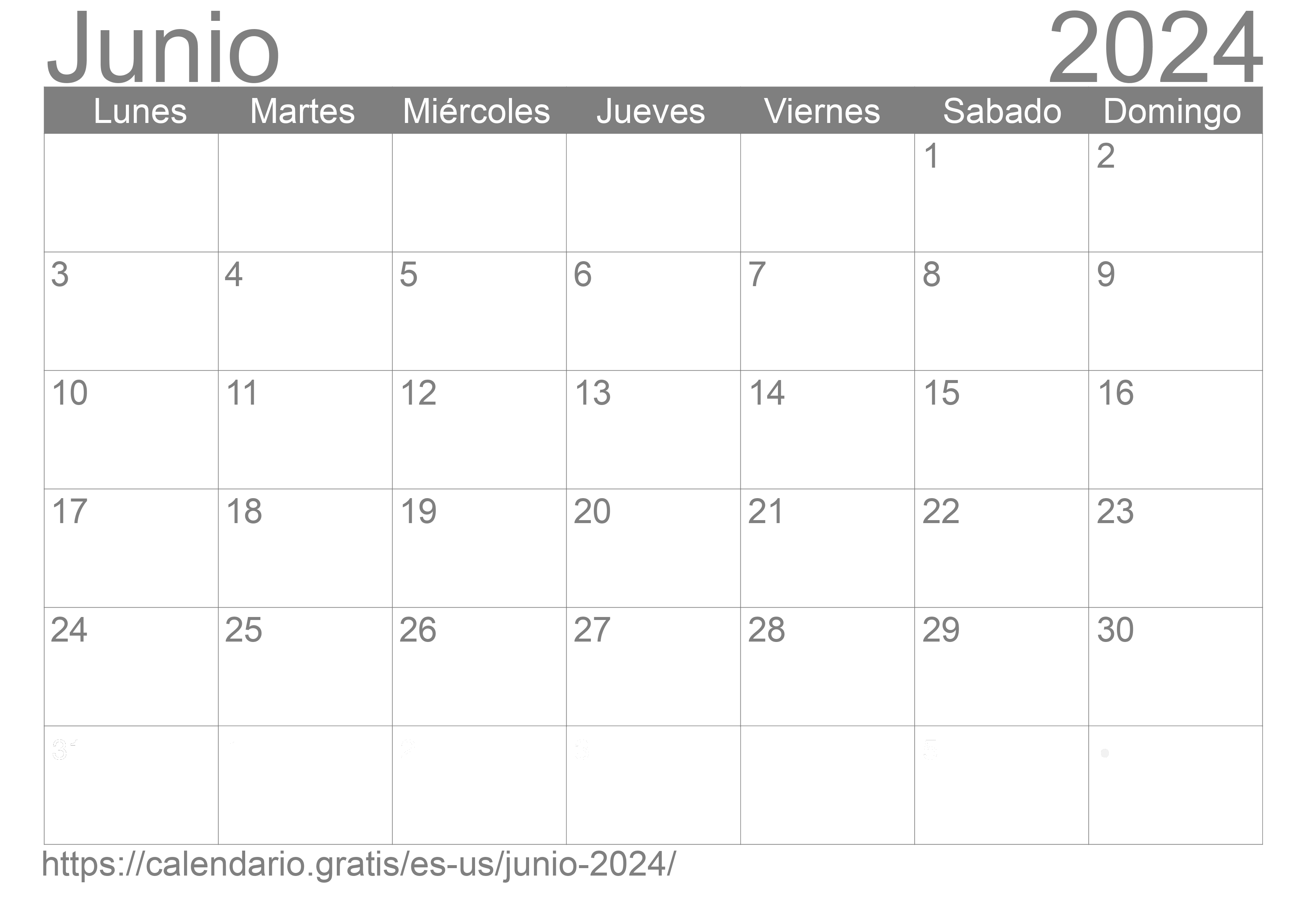 Calendario Junio 2024 de Estados Unidos de América en español ☑️